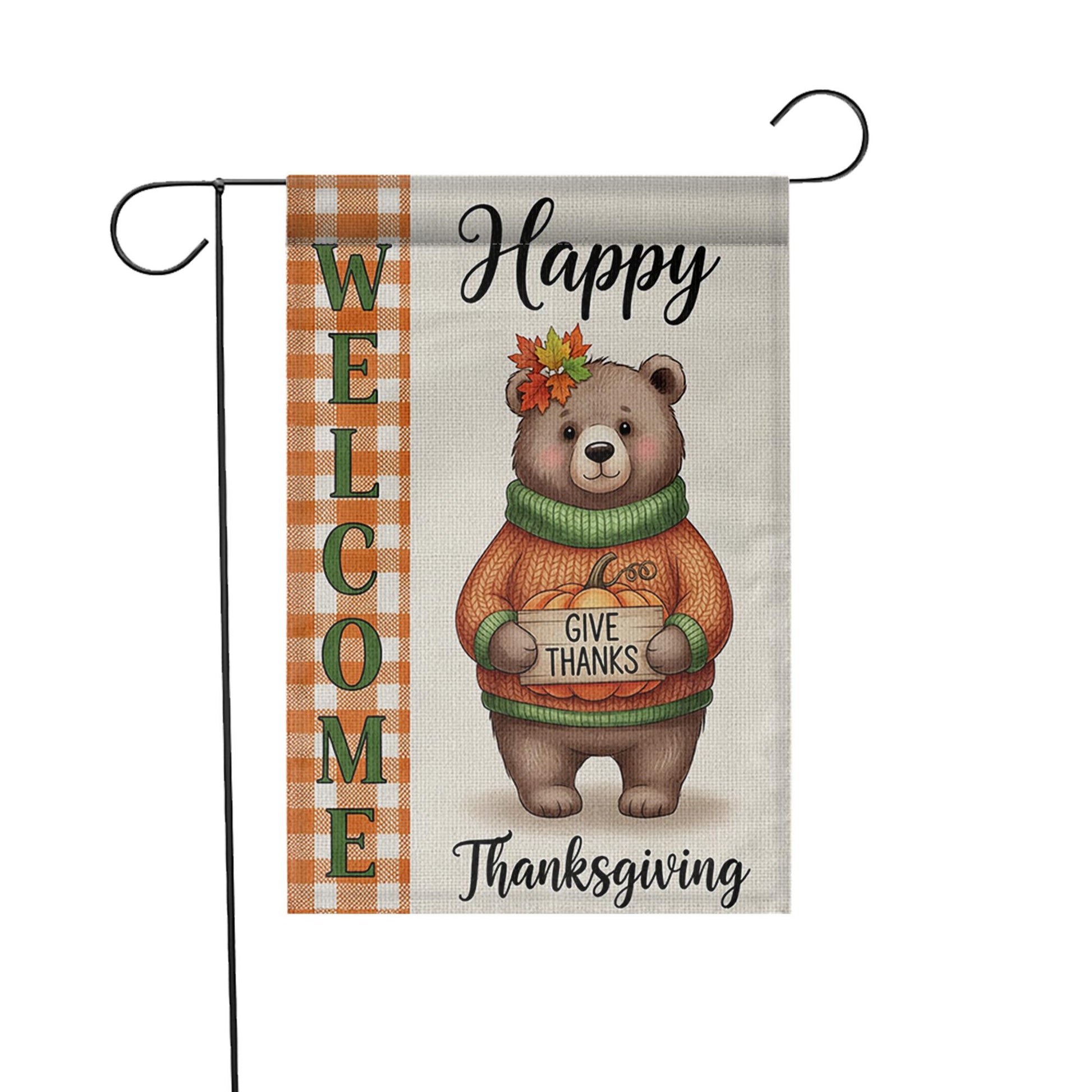 Thanksgiving Bear Garden Flag - Cute Give Thanks Fall Yard Decor - Autumn Welcome Sign