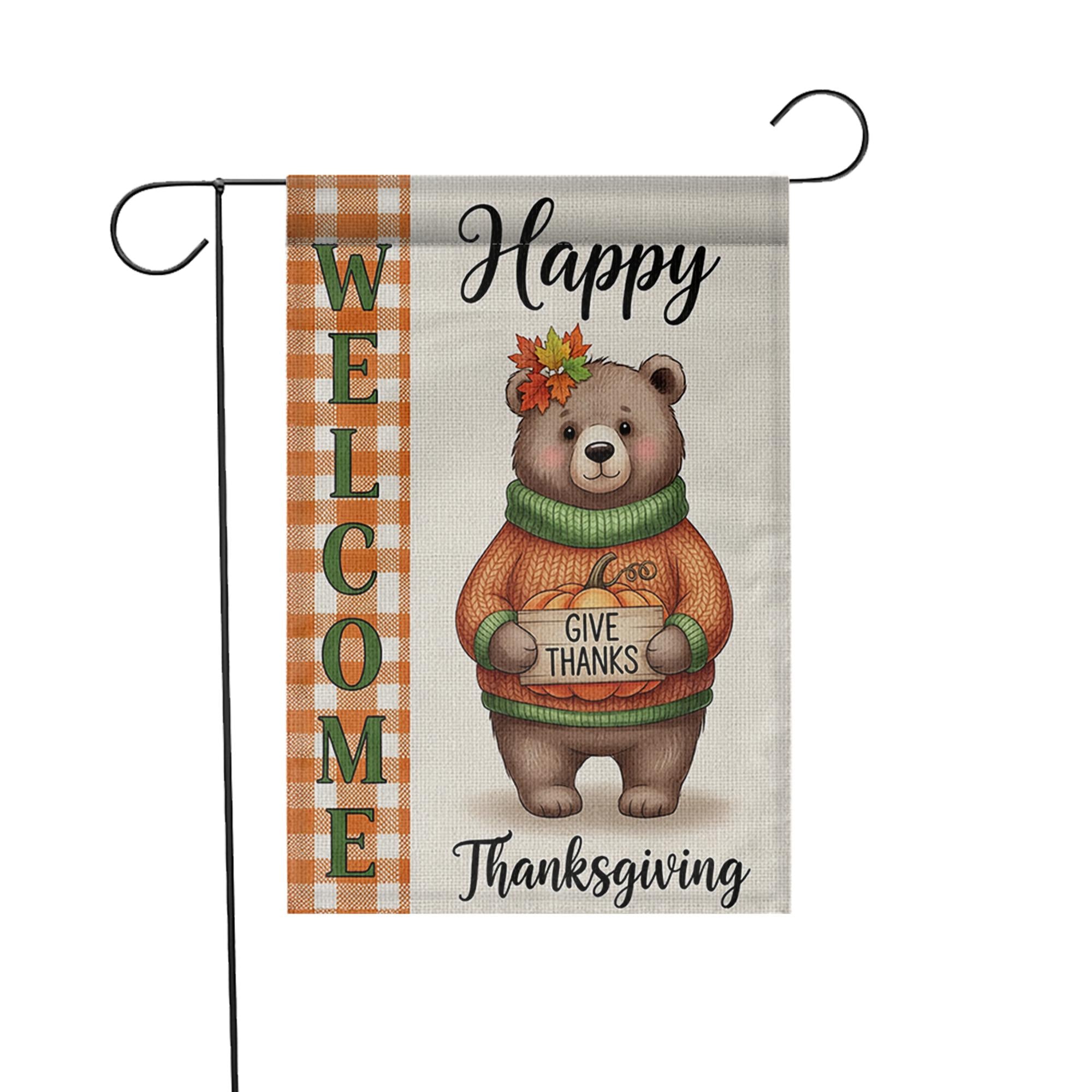 Thanksgiving Bear Garden Flag - Cute Give Thanks Fall Yard Decor - Autumn Welcome Sign
