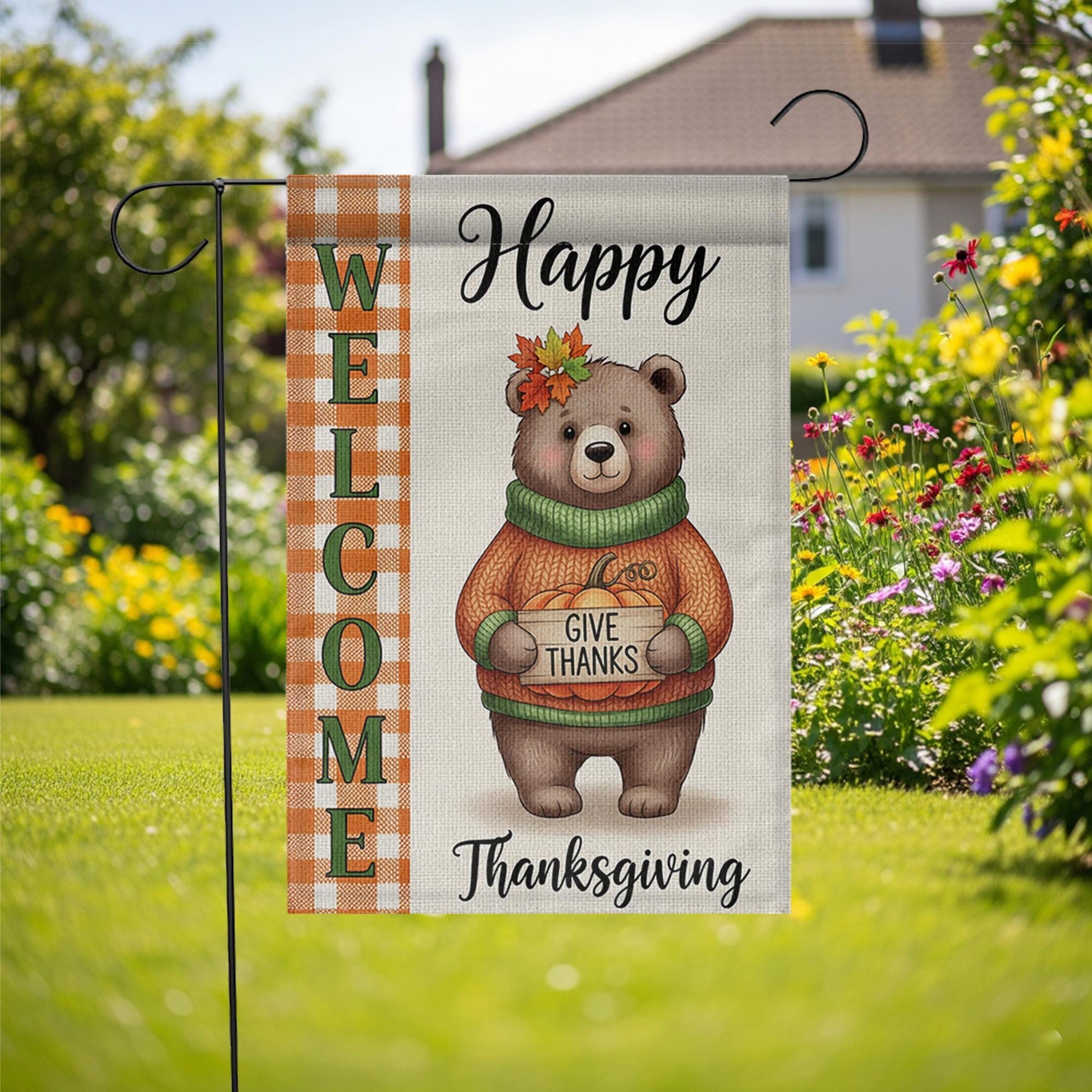 Thanksgiving Bear Garden Flag - Cute Give Thanks Fall Yard Decor - Autumn Welcome Sign