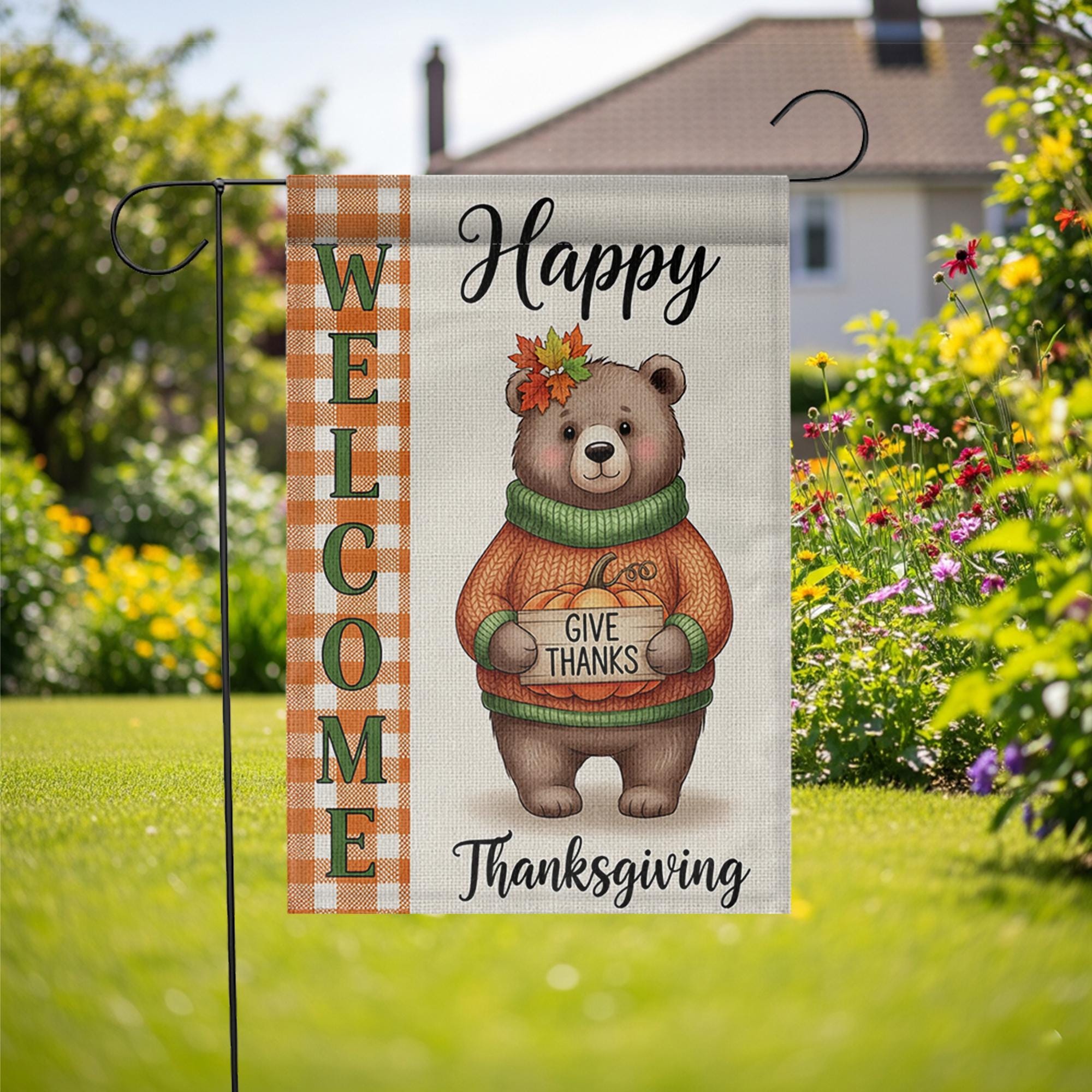 Thanksgiving Bear Garden Flag - Cute Give Thanks Fall Yard Decor - Autumn Welcome Sign