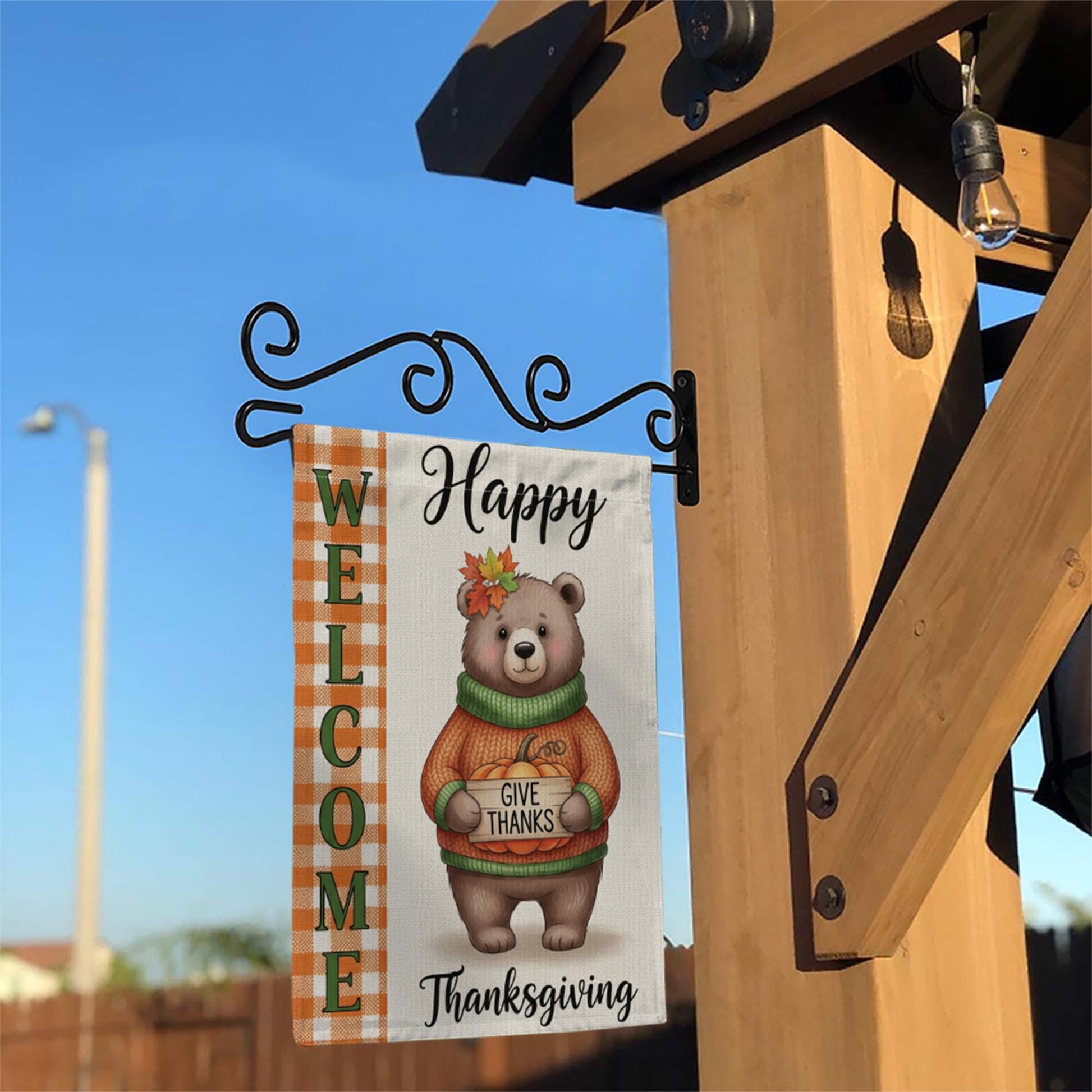 Thanksgiving Bear Garden Flag - Cute Give Thanks Fall Yard Decor - Autumn Welcome Sign