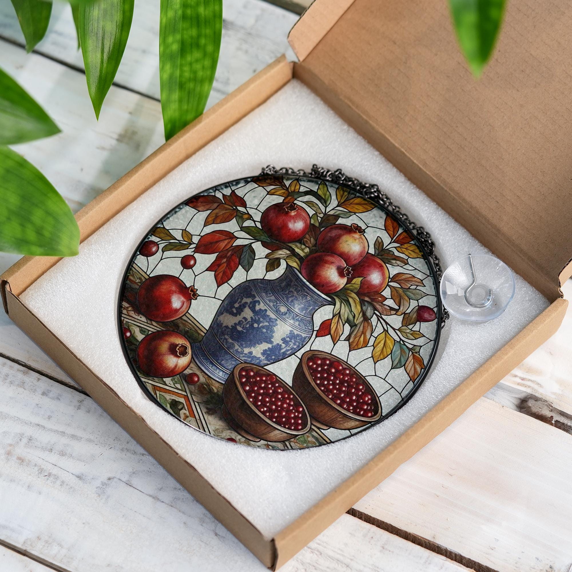 Handmade Glass Suncatcher with Pomegranate Art – Botanical Window Hanging for Kitchen or Sunroom Decor