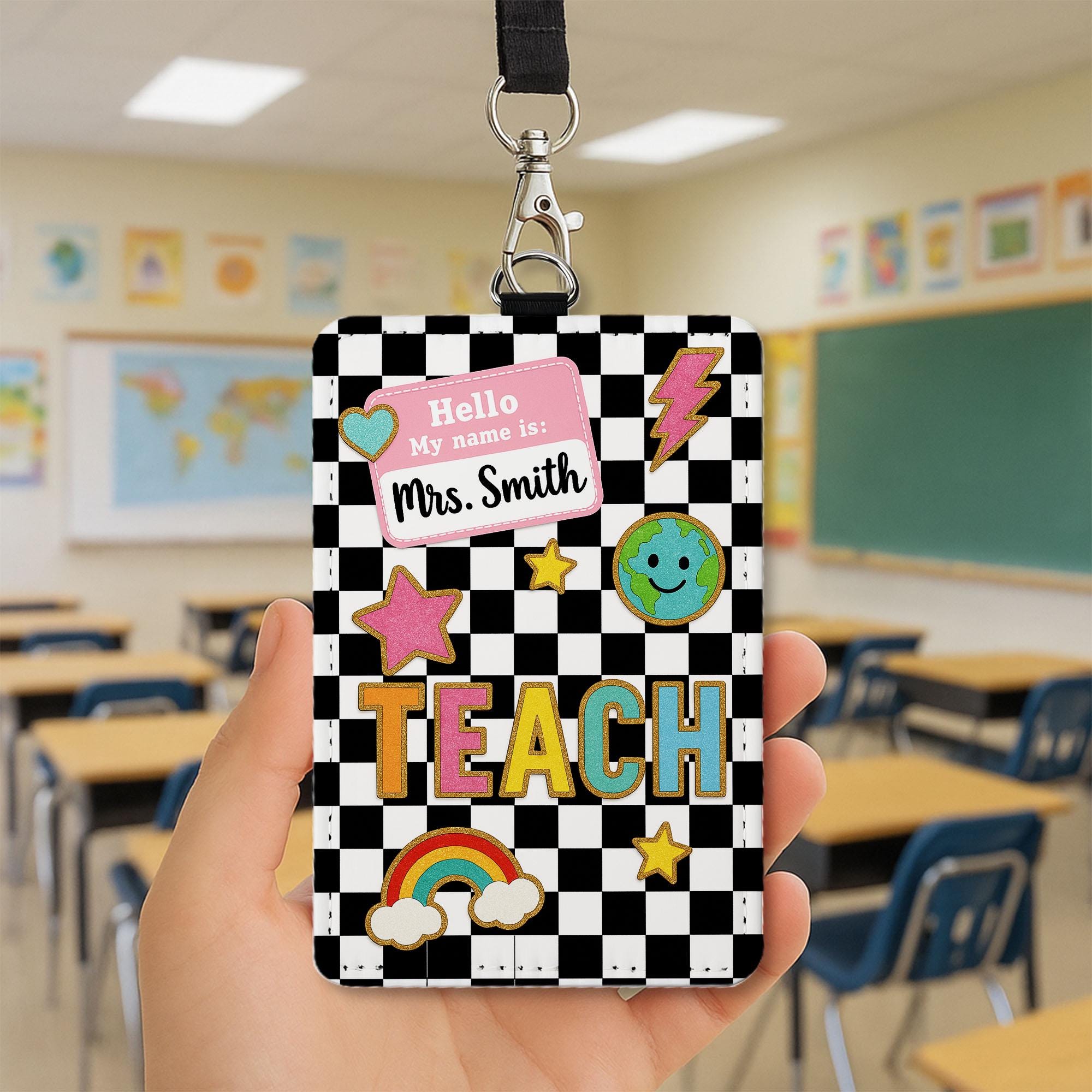 Teacher Badge Holder, Custom ID Card with Name Tag, Back to School Lanyard, Cute Checkered Classroom Accessory for Teachers