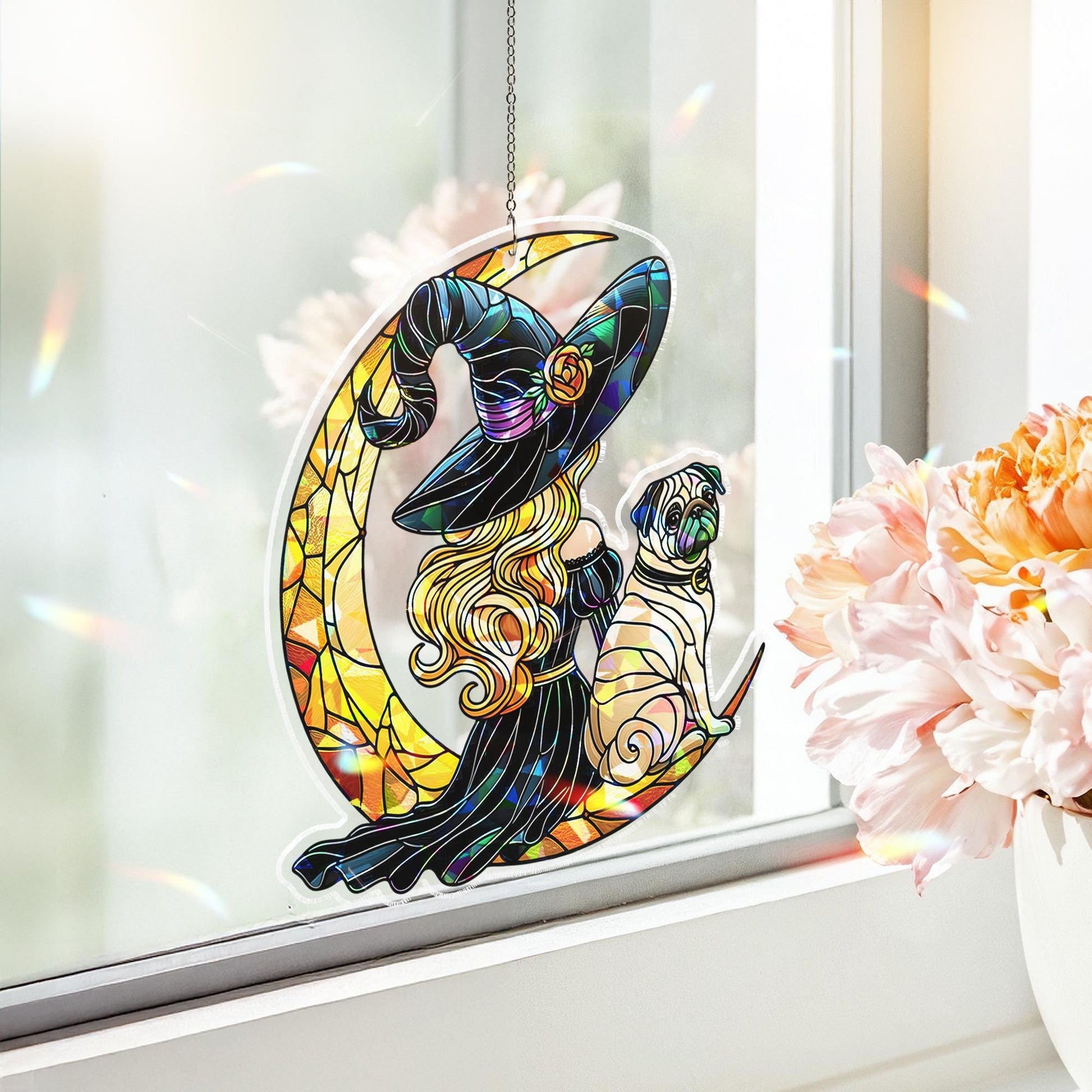 Halloween Witch & Pug Suncatcher, Holographic Acrylic Moon Window Decor, Stained Glass Style Dog Lover Fall Hanging Ornament