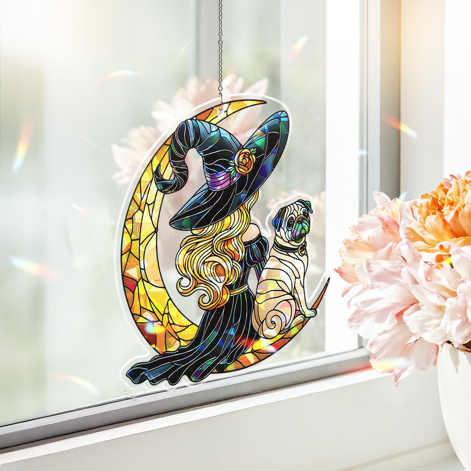 Halloween Witch & Pug Suncatcher, Holographic Acrylic Moon Window Decor, Stained Glass Style Dog Lover Fall Hanging Ornament