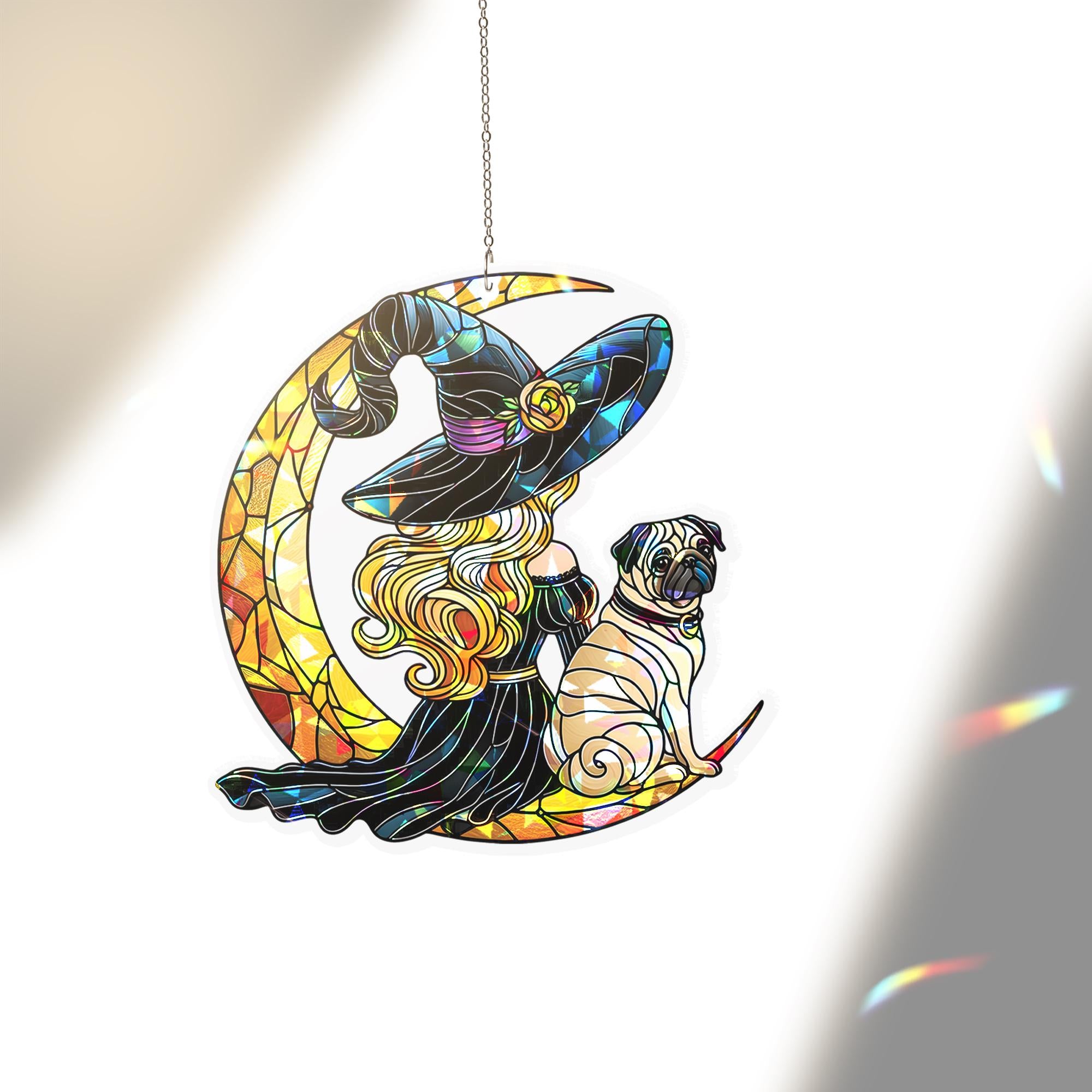 Halloween Witch & Pug Suncatcher, Holographic Acrylic Moon Window Decor, Stained Glass Style Dog Lover Fall Hanging Ornament