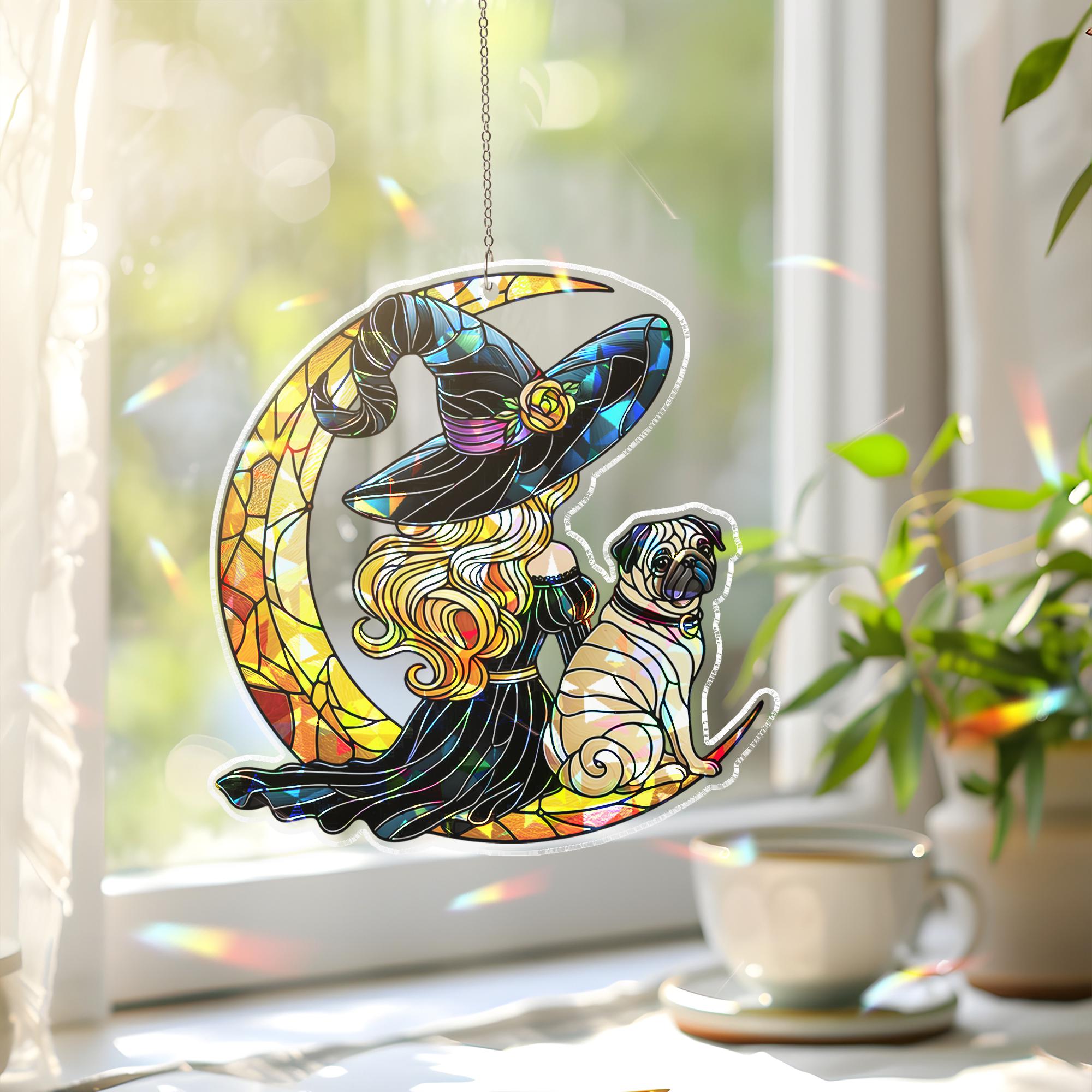 Halloween Witch & Pug Suncatcher, Holographic Acrylic Moon Window Decor, Stained Glass Style Dog Lover Fall Hanging Ornament