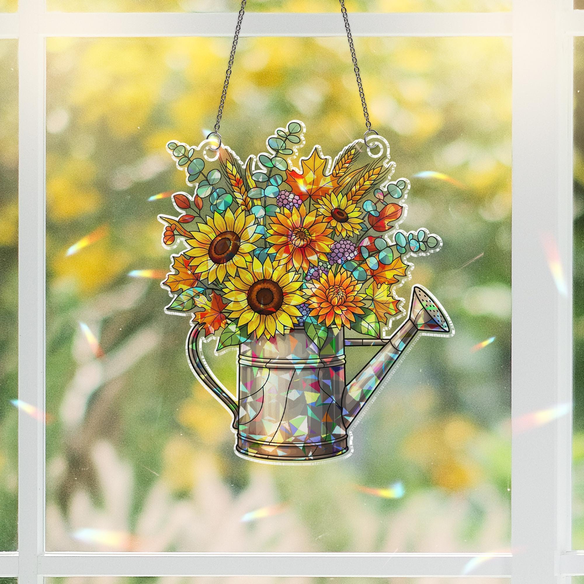 Autumn Sunflower Stained Glass Suncatcher | Fall Watering Can Window Decor | Colorful Floral Hanging Ornament Gift