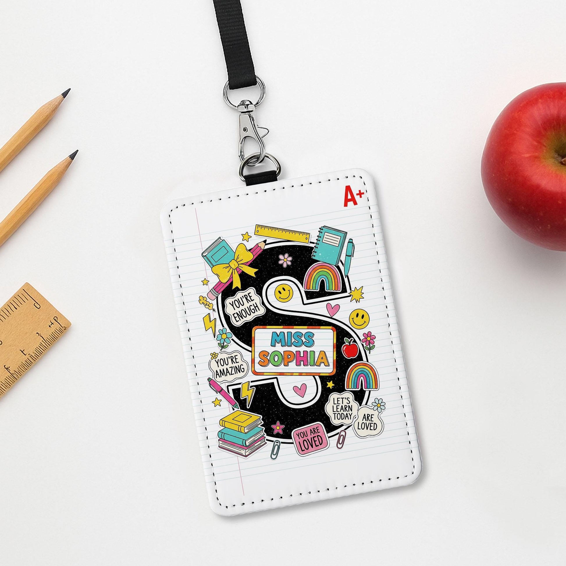 Custom Teacher Badge Holder, Personalized ID Card with Name, Cute Back to School Lanyard, Classroom Accessory for Educators