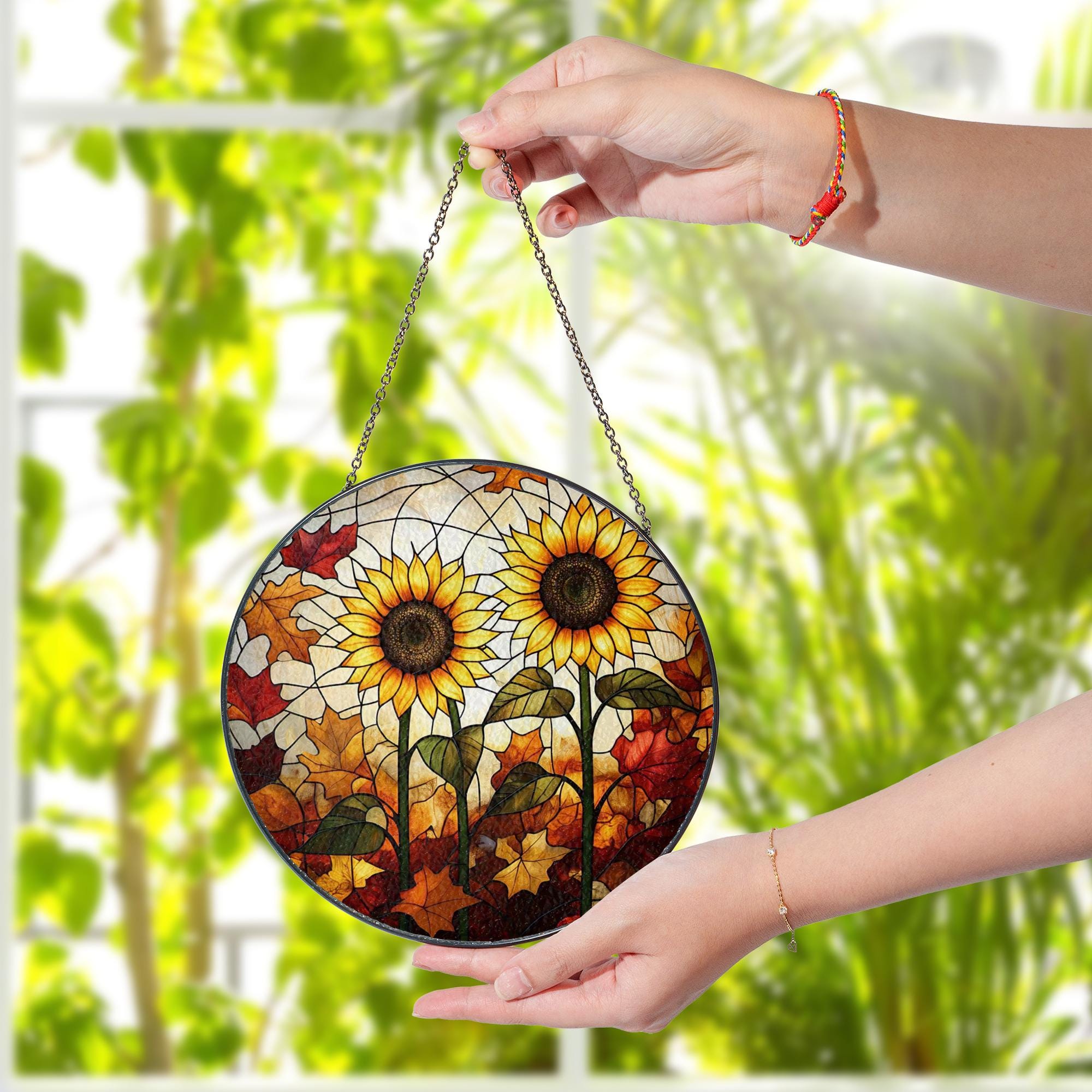 Sunflower Glass Suncatcher – Handmade Fall Window Hanging with Autumn Leaves, Vibrant Glass Art Decor