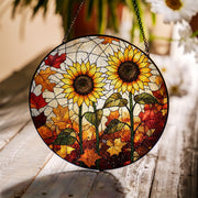 Sunflower Glass Suncatcher – Handmade Fall Window Hanging with Autumn Leaves, Vibrant Glass Art Decor