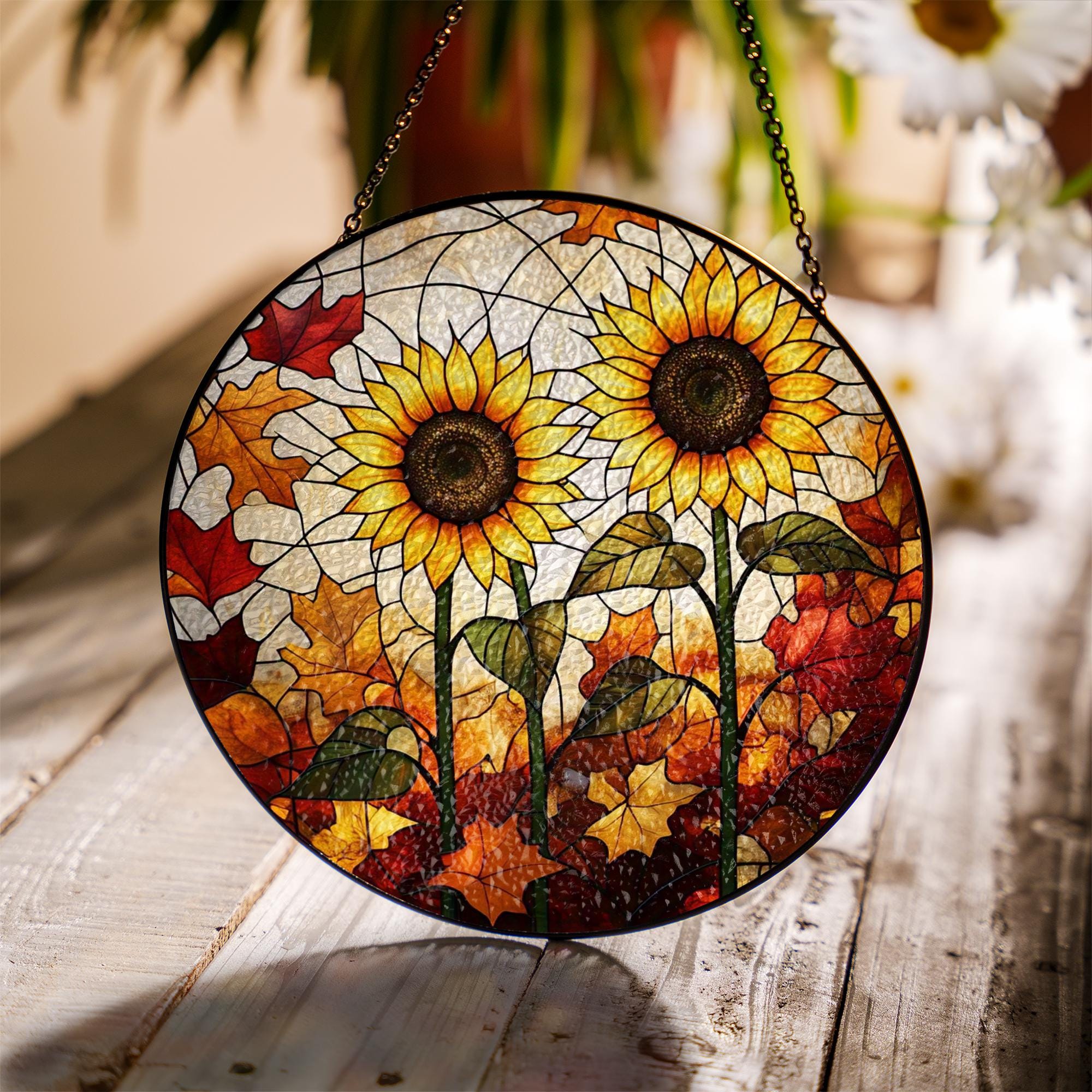 Sunflower Glass Suncatcher – Handmade Fall Window Hanging with Autumn Leaves, Vibrant Glass Art Decor