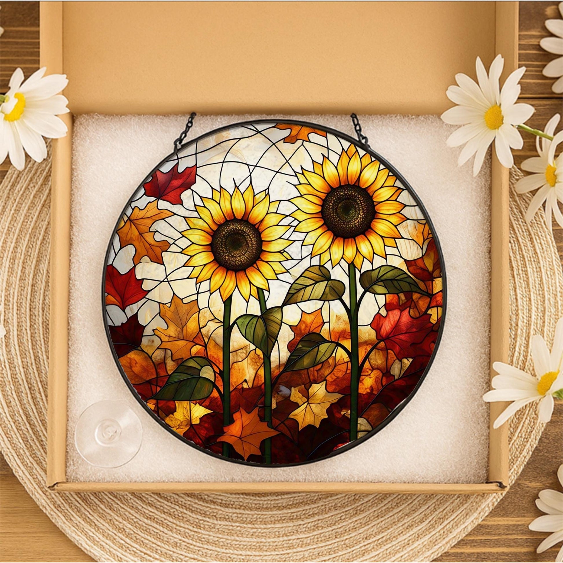 Sunflower Glass Suncatcher – Handmade Fall Window Hanging with Autumn Leaves, Vibrant Glass Art Decor