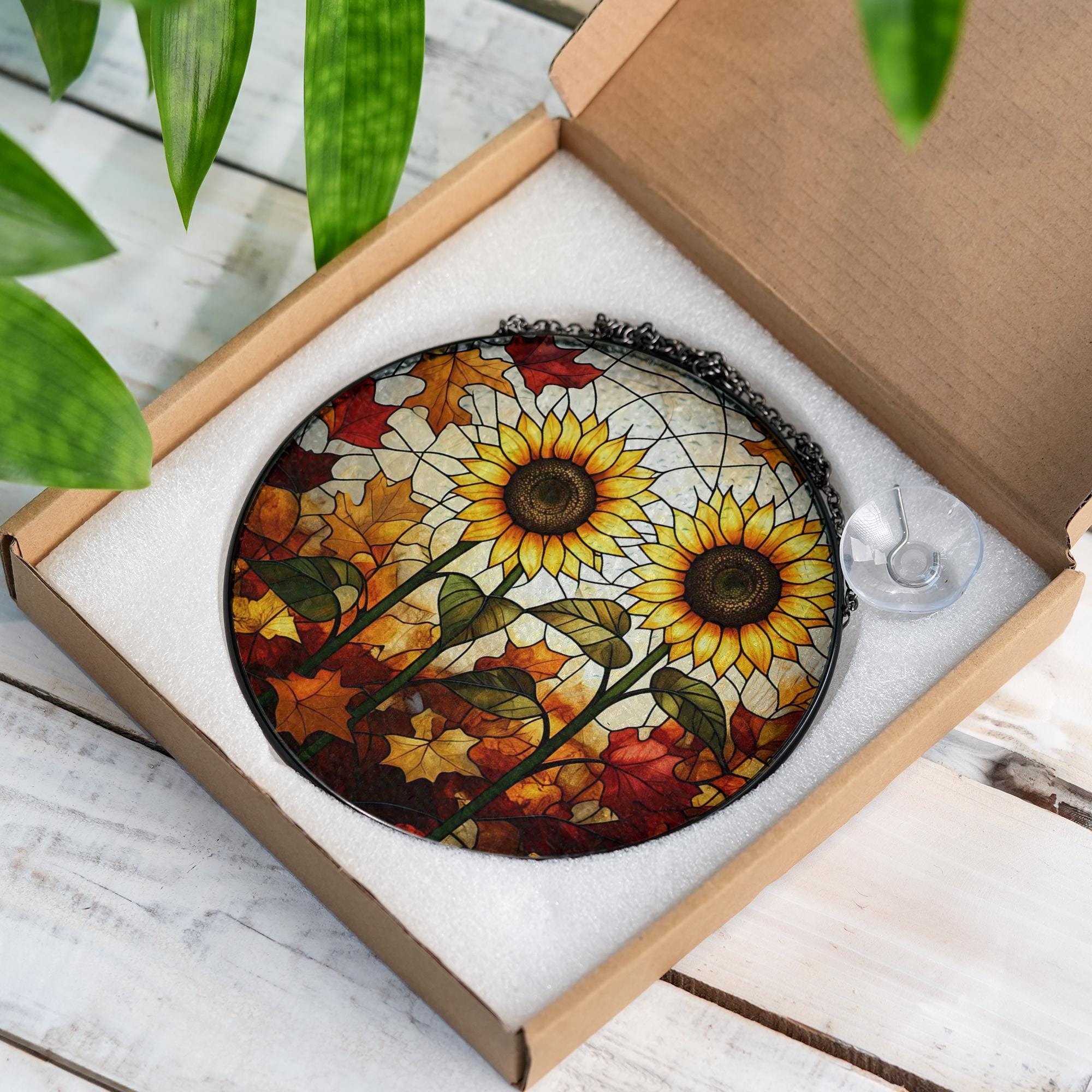 Sunflower Glass Suncatcher – Handmade Fall Window Hanging with Autumn Leaves, Vibrant Glass Art Decor