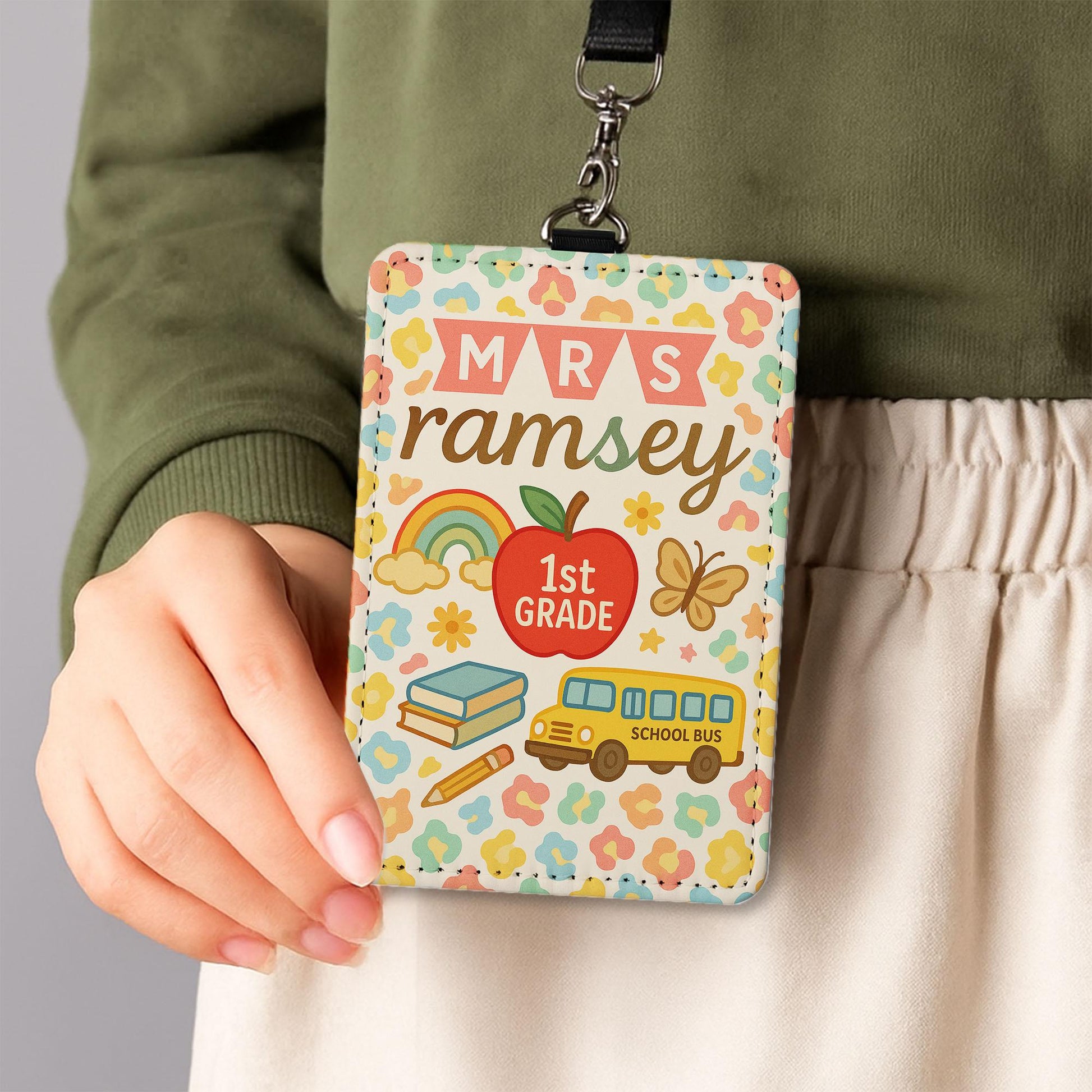 Personalized Teacher Leather Badge Holder, 1st Grade ID Card, Cute Back to School Lanyard, Custom Classroom Name Tag