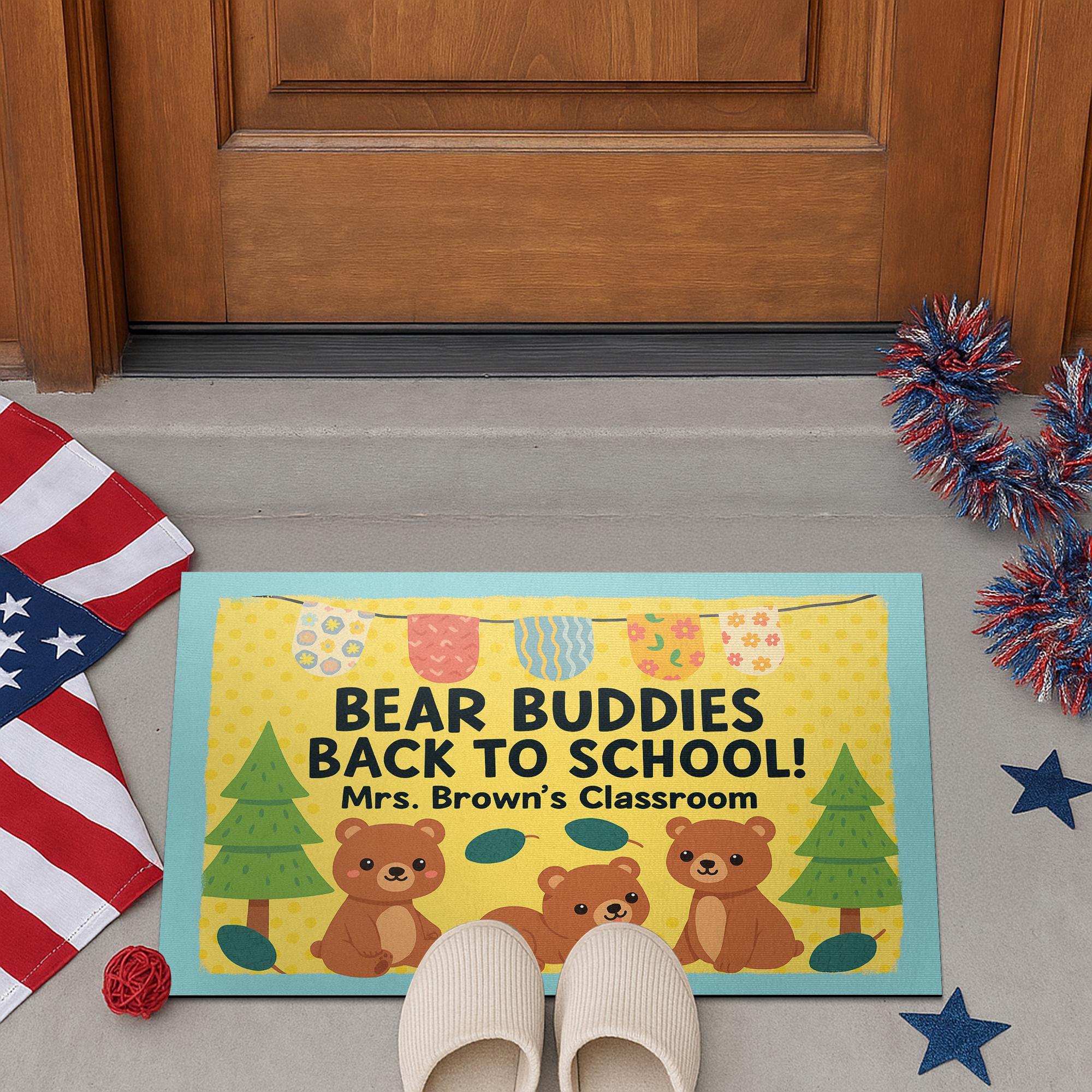 Bear Buddies Back to School Doormat, Personalized Classroom Rug for Teachers, Educators, School Staffs, Cute Animal Teacher Welcome Mat