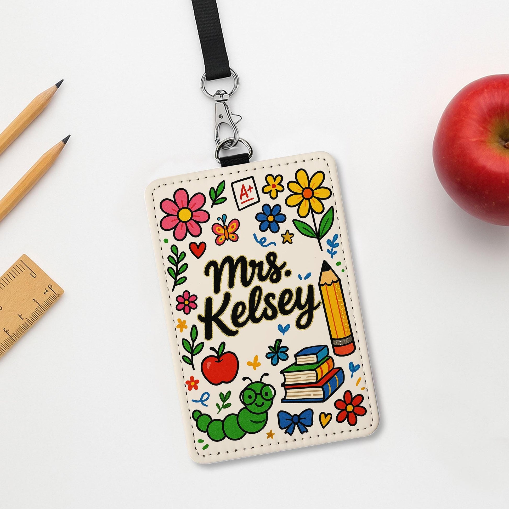 Custom Teacher Leather Badge Holder, Personalized Floral ID Card, Cute Classroom Lanyard, Back to School Name Tag for Educators