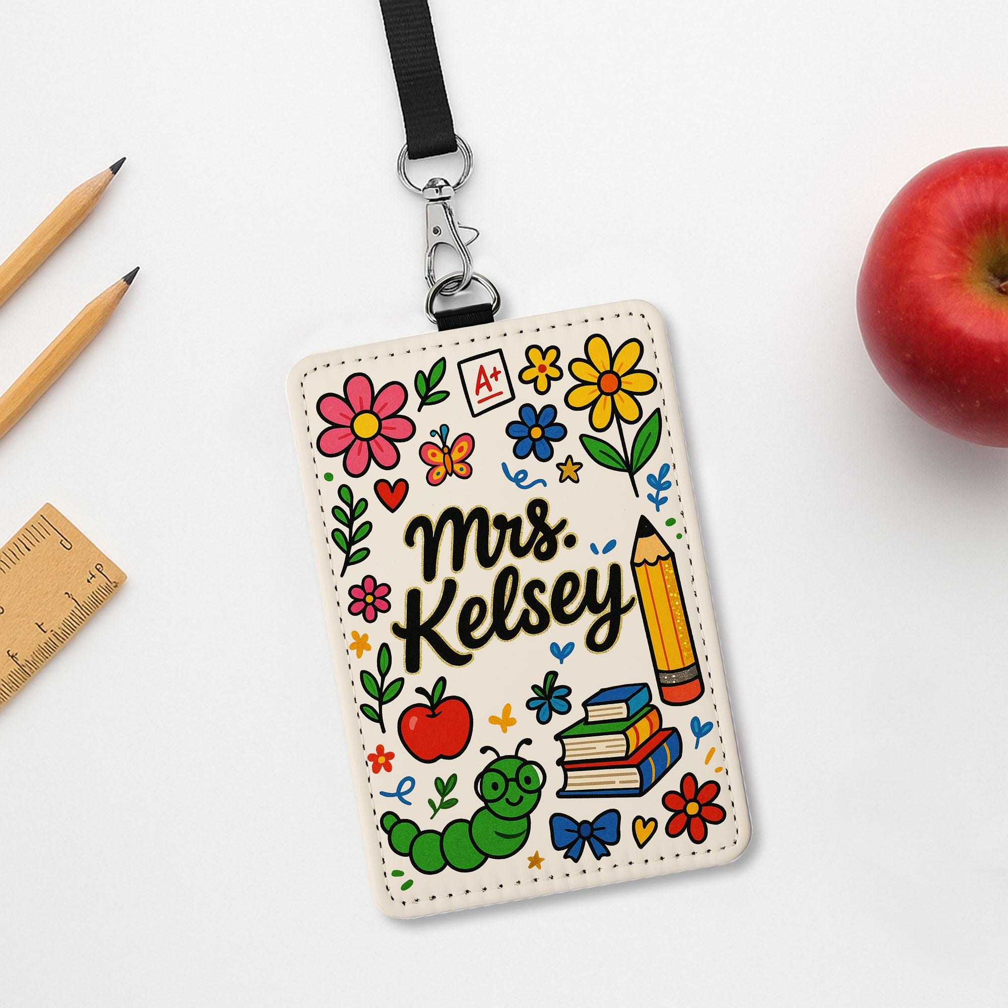 Custom Teacher Leather Badge Holder, Personalized Floral ID Card, Cute Classroom Lanyard, Back to School Name Tag for Educators