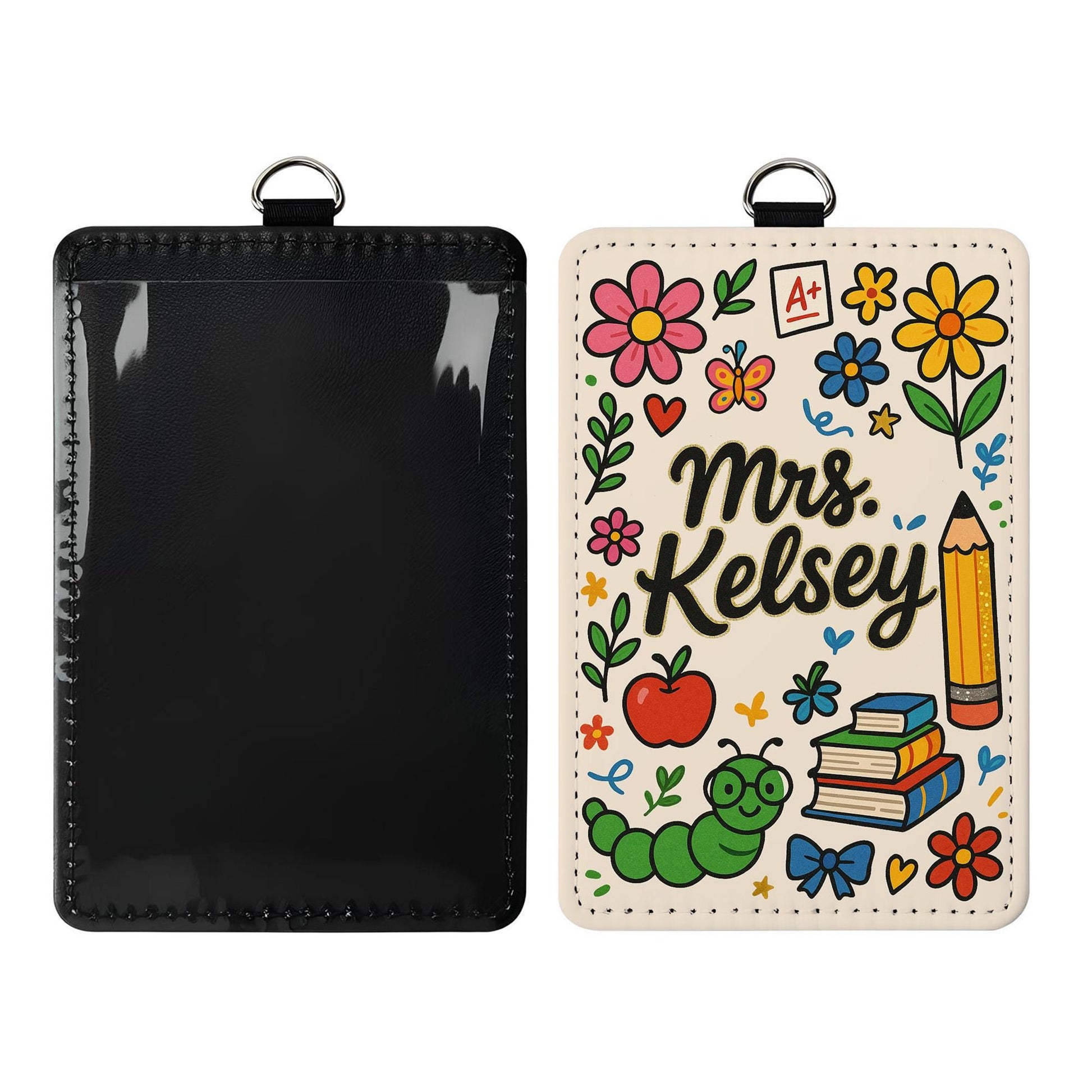Custom Teacher Leather Badge Holder, Personalized Floral ID Card, Cute Classroom Lanyard, Back to School Name Tag for Educators