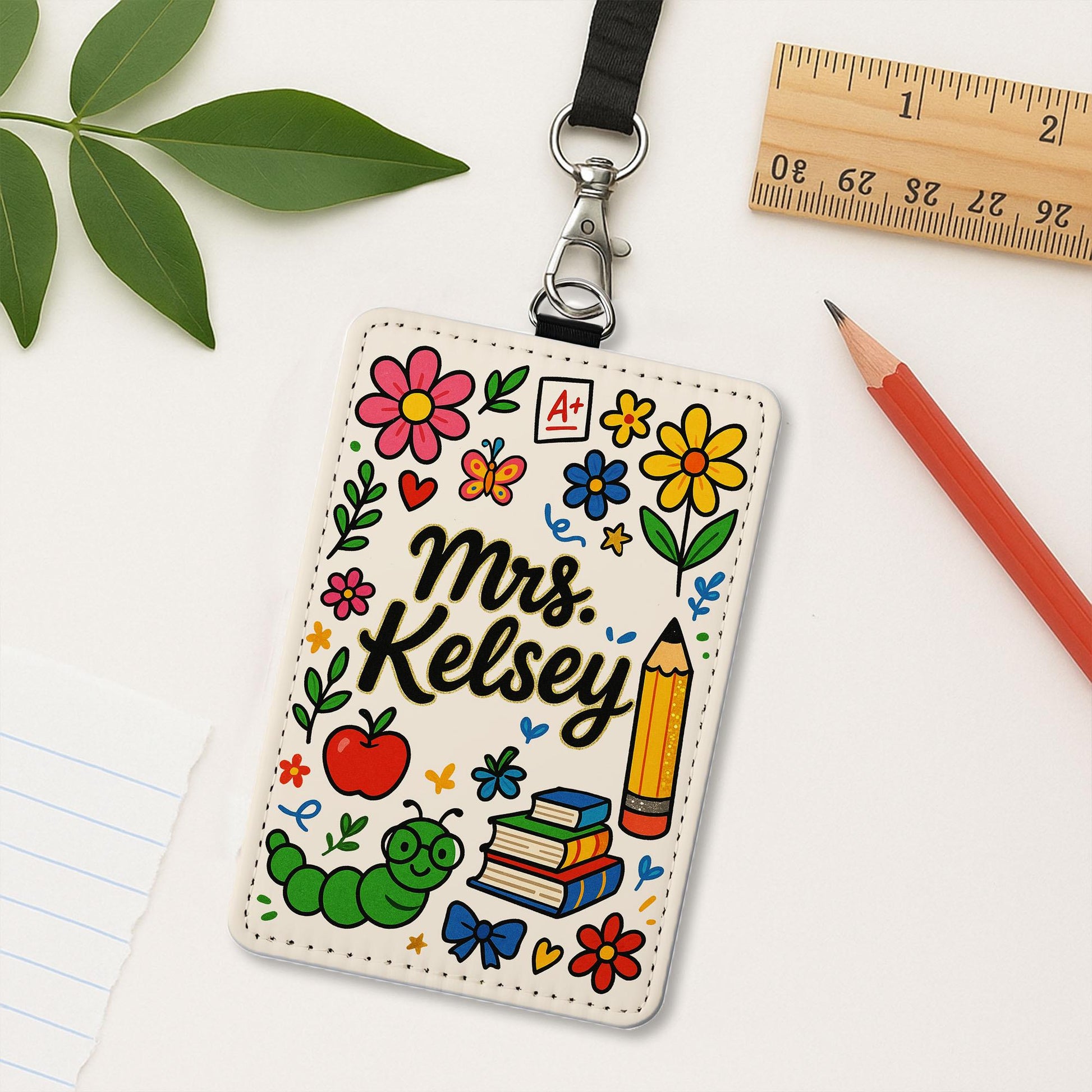 Custom Teacher Leather Badge Holder, Personalized Floral ID Card, Cute Classroom Lanyard, Back to School Name Tag for Educators