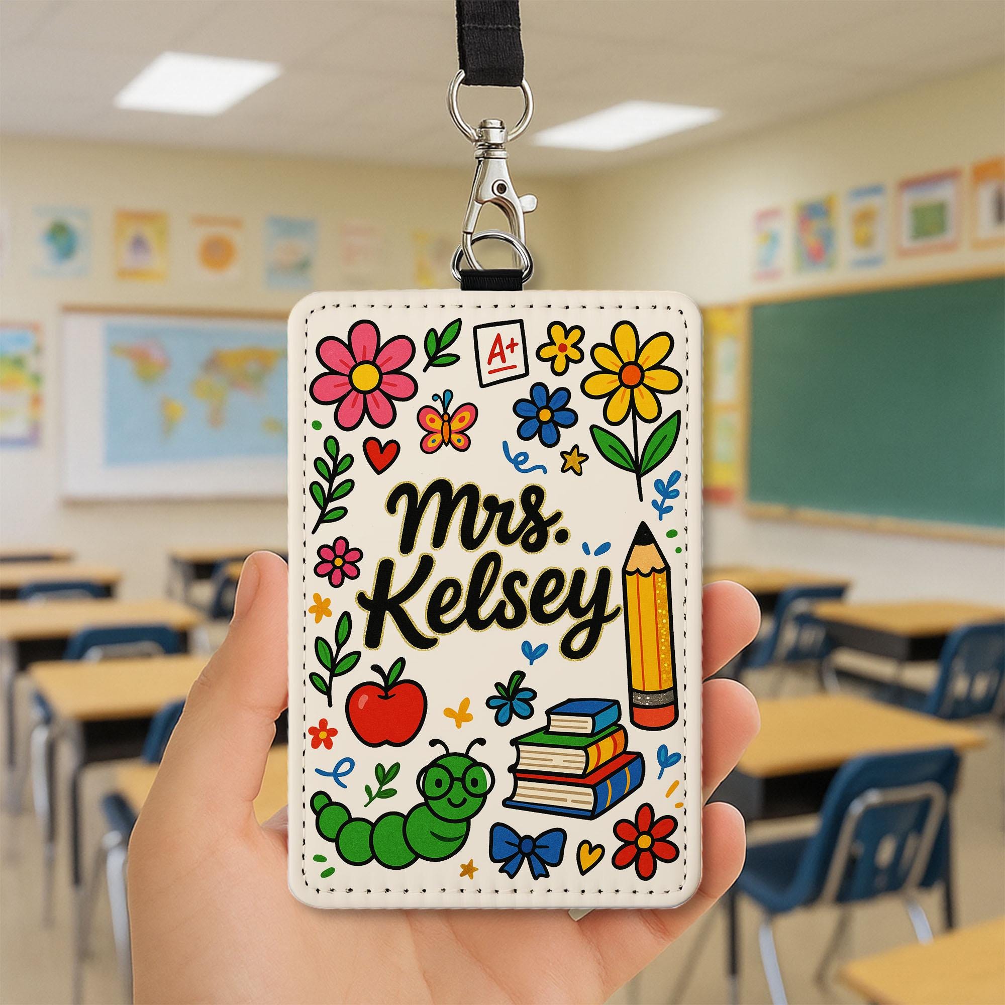 Custom Teacher Leather Badge Holder, Personalized Floral ID Card, Cute Classroom Lanyard, Back to School Name Tag for Educators