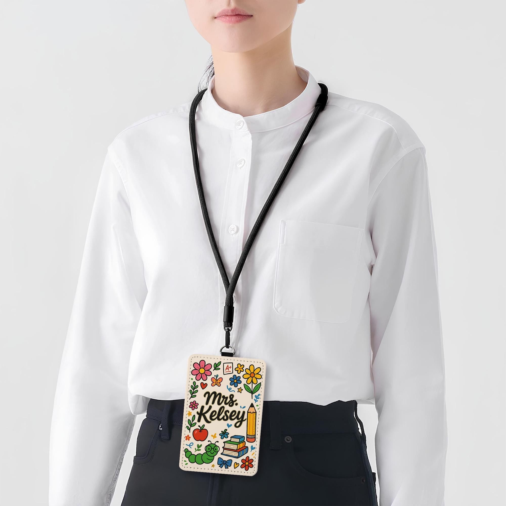 Custom Teacher Leather Badge Holder, Personalized Floral ID Card, Cute Classroom Lanyard, Back to School Name Tag for Educators
