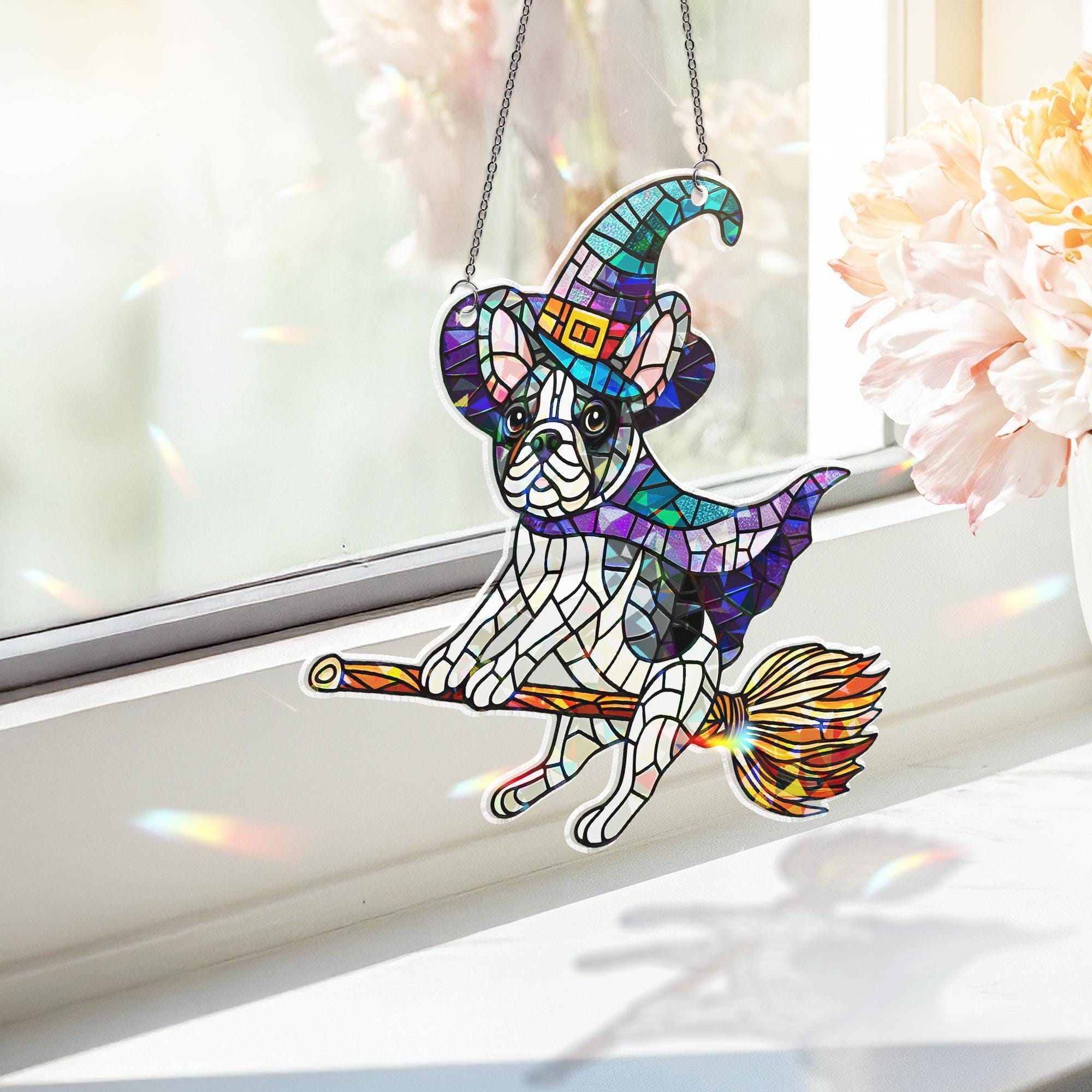 Boston Terrier Witch Suncatcher, Holographic Acrylic Halloween Dog Window Decor, acrylic Flying Pup Broom Ornament