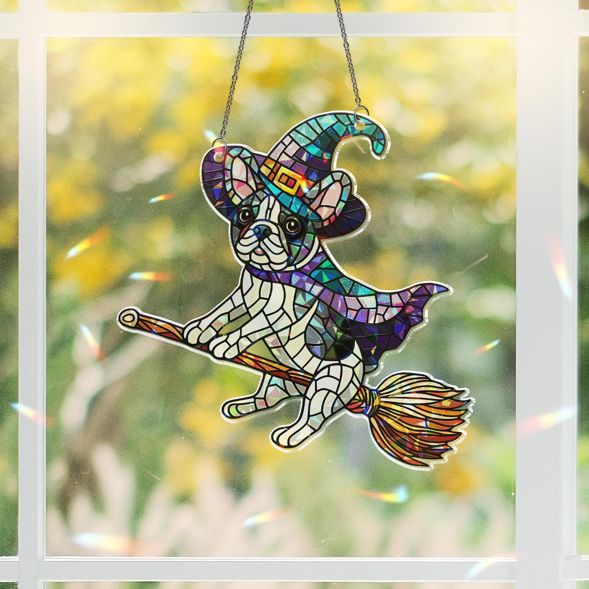 Boston Terrier Witch Suncatcher, Holographic Acrylic Halloween Dog Window Decor, acrylic Flying Pup Broom Ornament