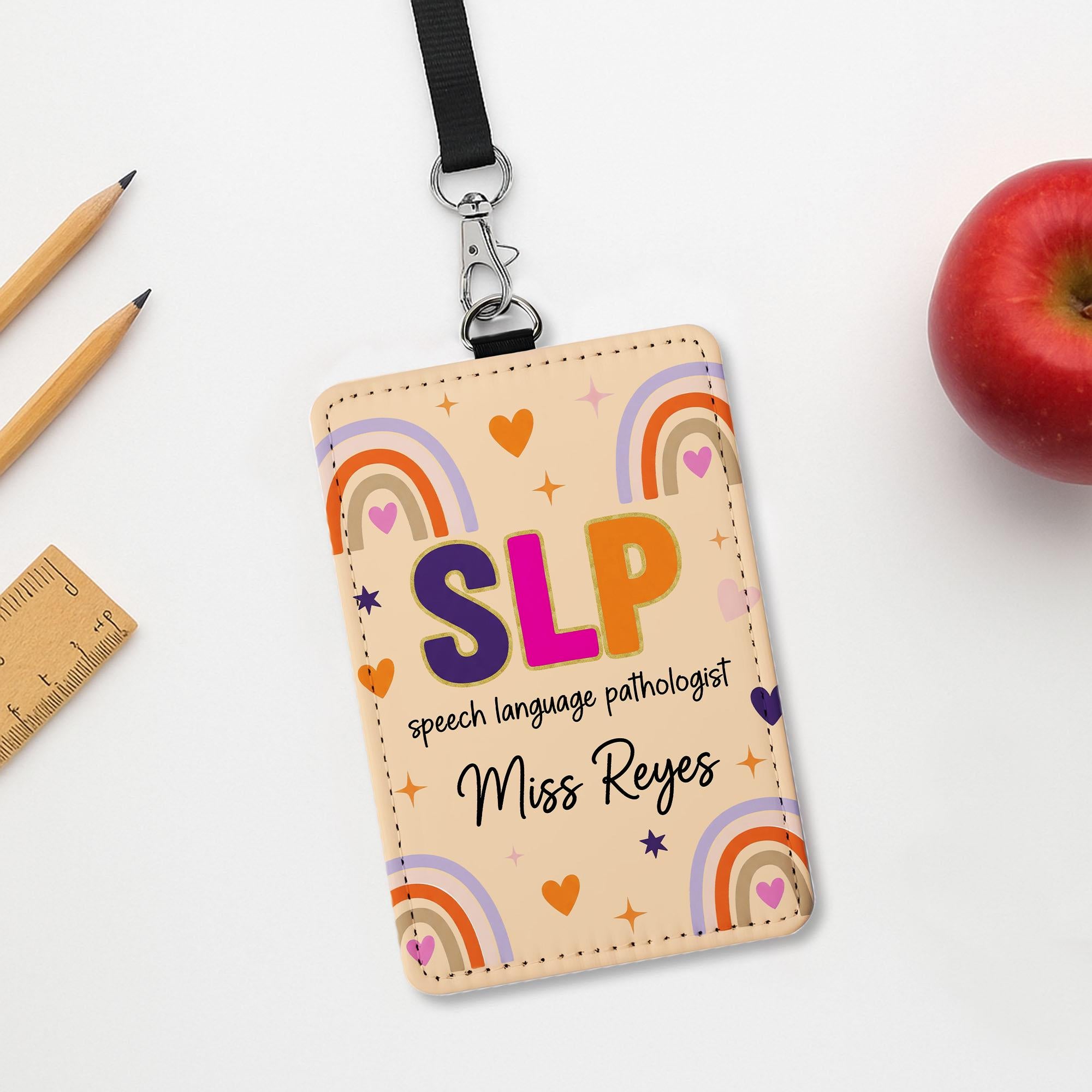 SLP Leather Badge Holder, Custom Speech Language Pathologist ID Card, Rainbow Name Tag, Personalized Back to School Lanyard