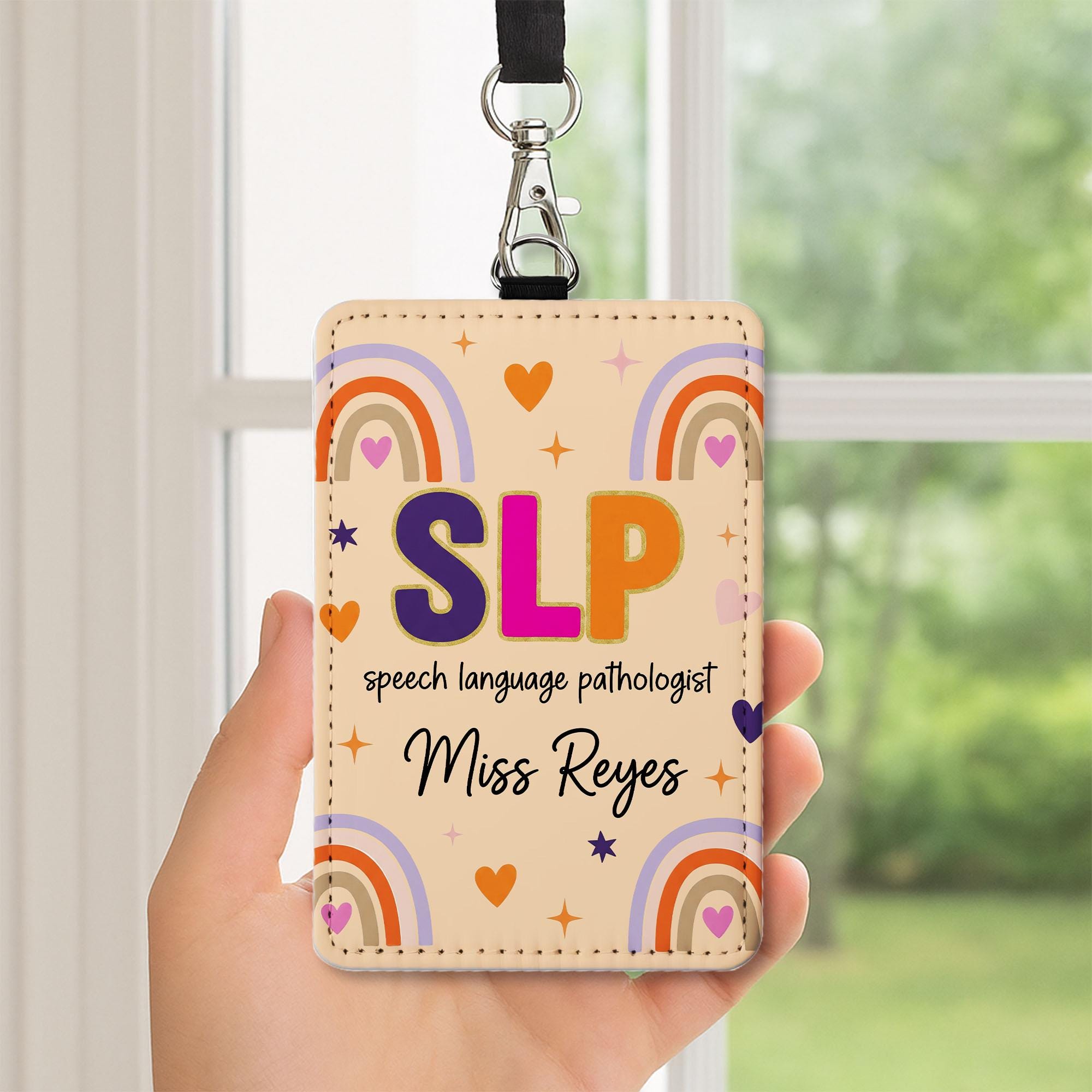 SLP Leather Badge Holder, Custom Speech Language Pathologist ID Card, Rainbow Name Tag, Personalized Back to School Lanyard