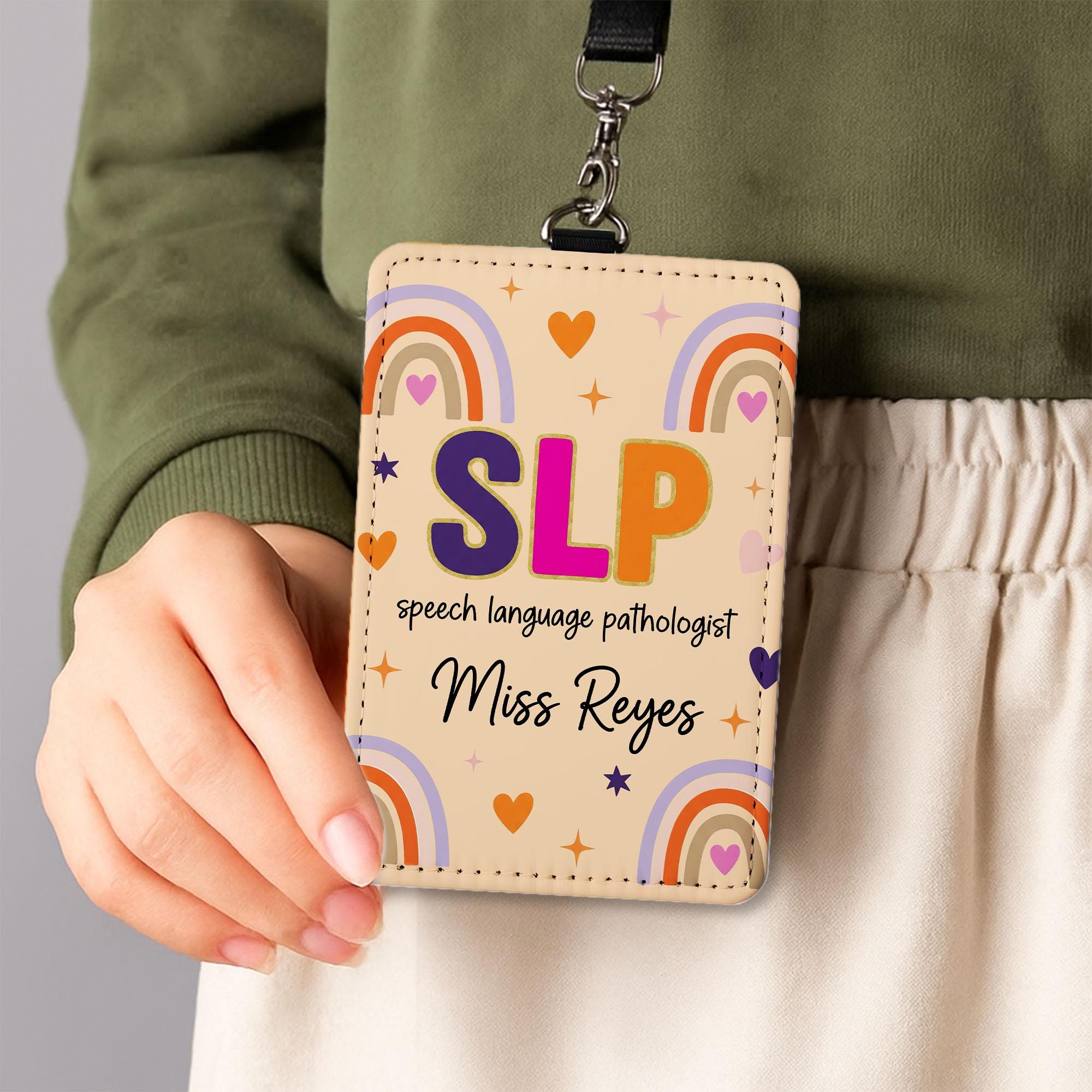 SLP Leather Badge Holder, Custom Speech Language Pathologist ID Card, Rainbow Name Tag, Personalized Back to School Lanyard