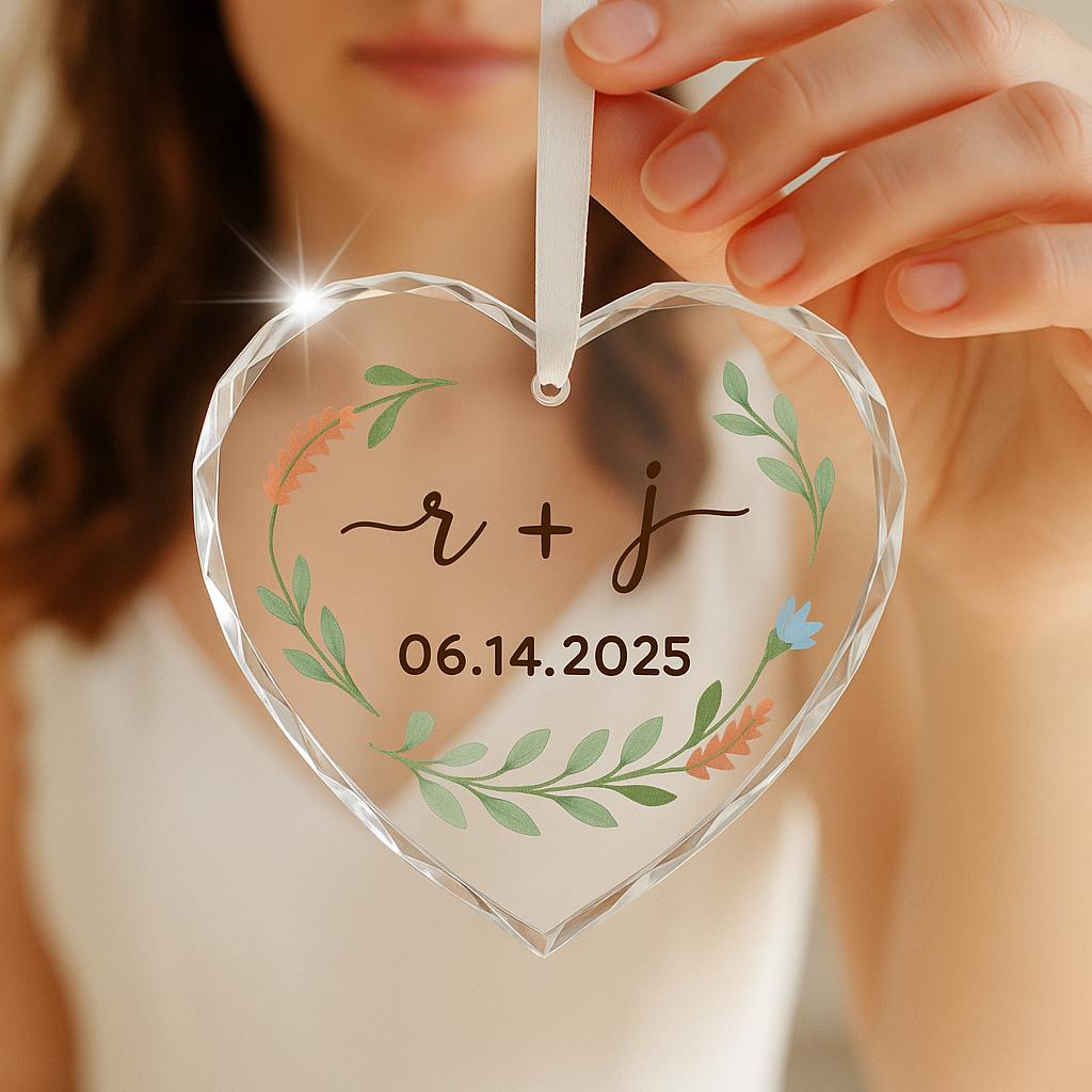 Custom Wedding Glass Ornament, Personalized Heart Keepsake with Names & Date, Bridal Gift, Elegant Anniversary or Engagement Decor
