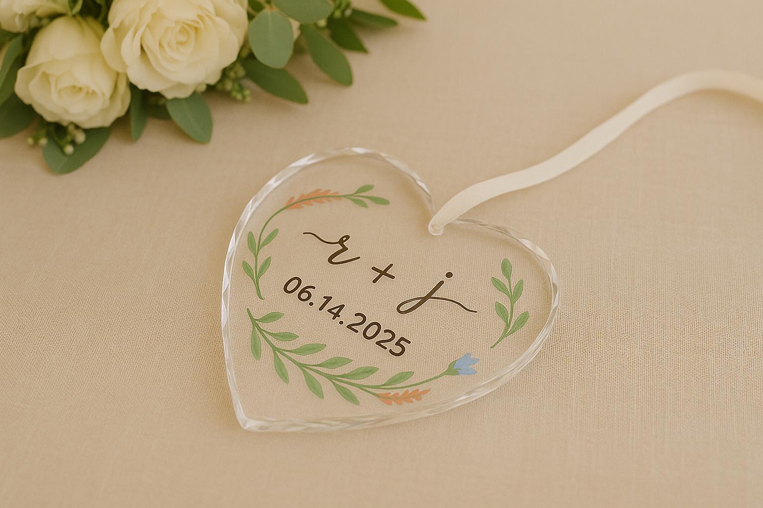 Custom Wedding Glass Ornament, Personalized Heart Keepsake with Names & Date, Bridal Gift, Elegant Anniversary or Engagement Decor