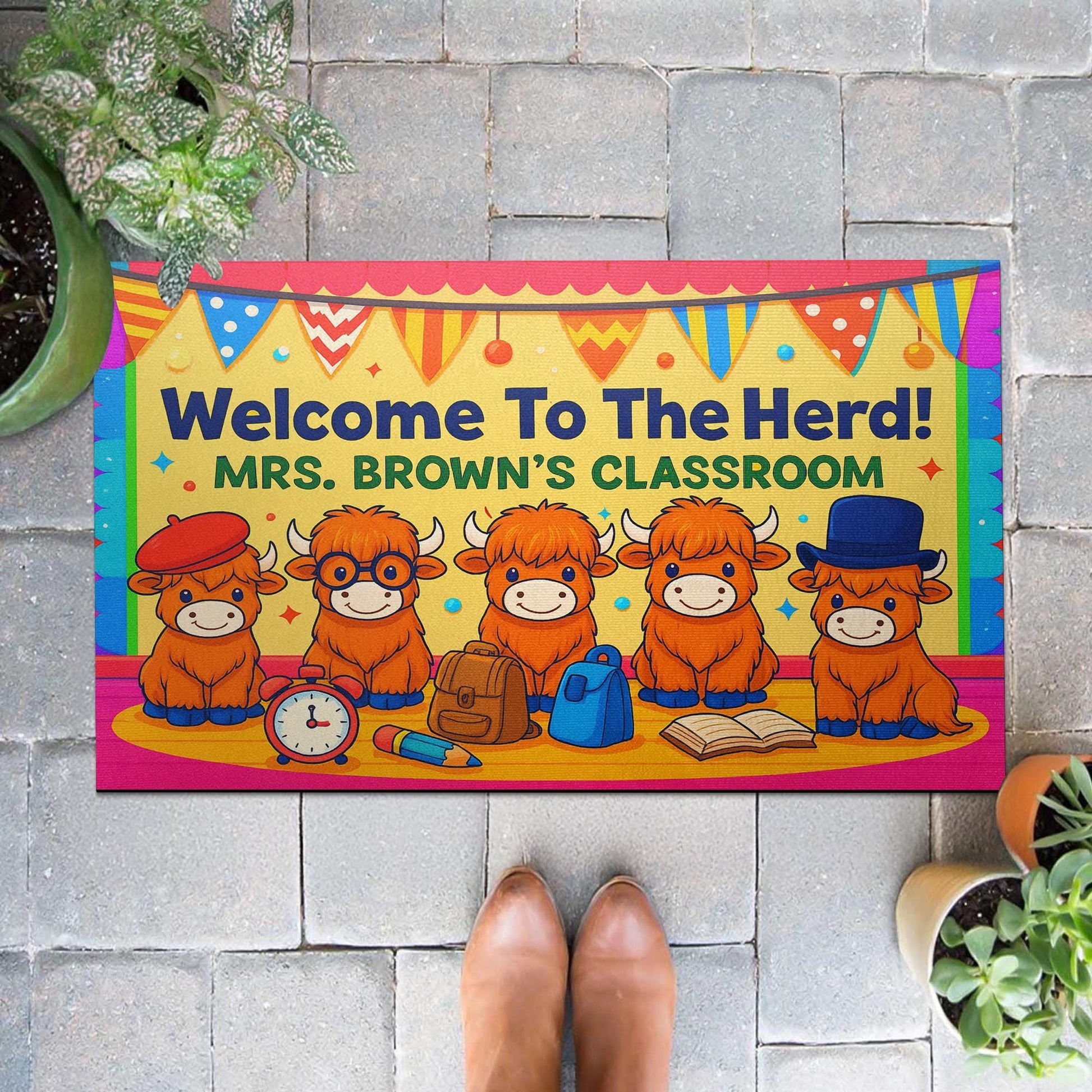 Welcome to the Herd Doormat, Personalized Highland Cow Classroom Rug, Back to School Teacher Mat, Classroom Decor Gift for Educators, Staffs