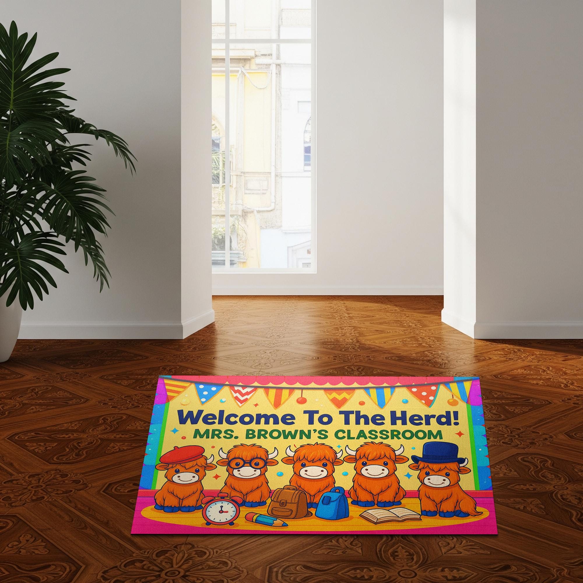 Welcome to the Herd Doormat, Personalized Highland Cow Classroom Rug, Back to School Teacher Mat, Classroom Decor Gift for Educators, Staffs