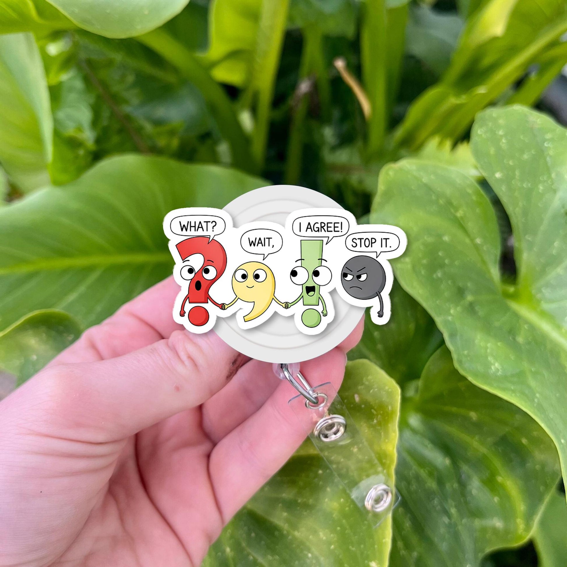 Funny Punctuation Badge Reel – “Wait, What, I Agree, Stop It” Clip for Teachers, Writers, Editors – Quirky Classroom ID Holder