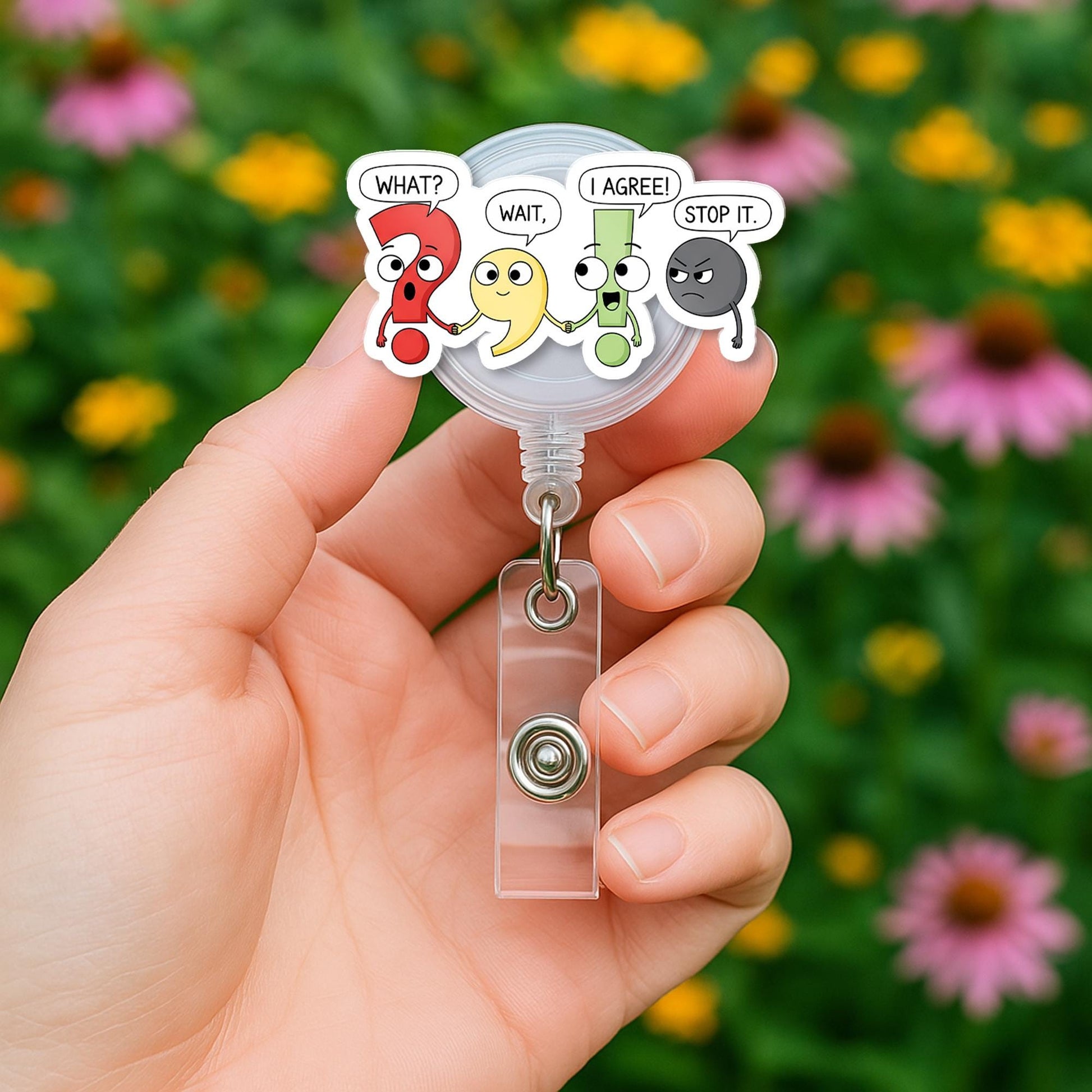 Funny Punctuation Badge Reel – “Wait, What, I Agree, Stop It” Clip for Teachers, Writers, Editors – Quirky Classroom ID Holder