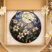 Moonlit Lily Garden Glass Suncatcher – Night Sky Floral Window Art with Acorns, Nature Lover Gift
