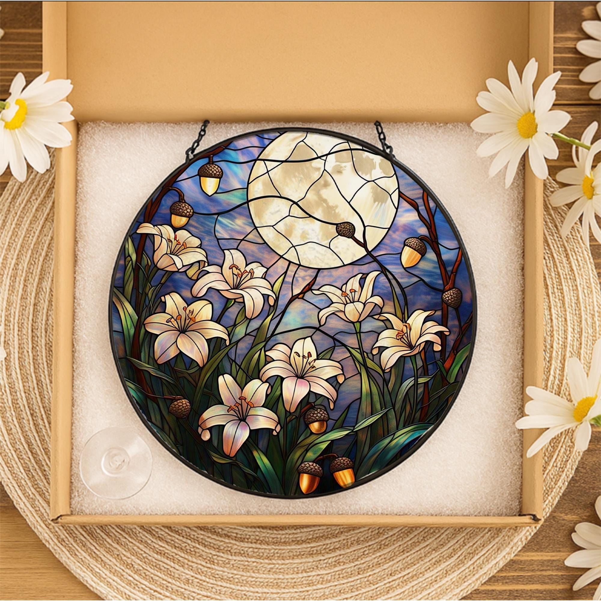 Moonlit Lily Garden Glass Suncatcher – Night Sky Floral Window Art with Acorns, Nature Lover Gift