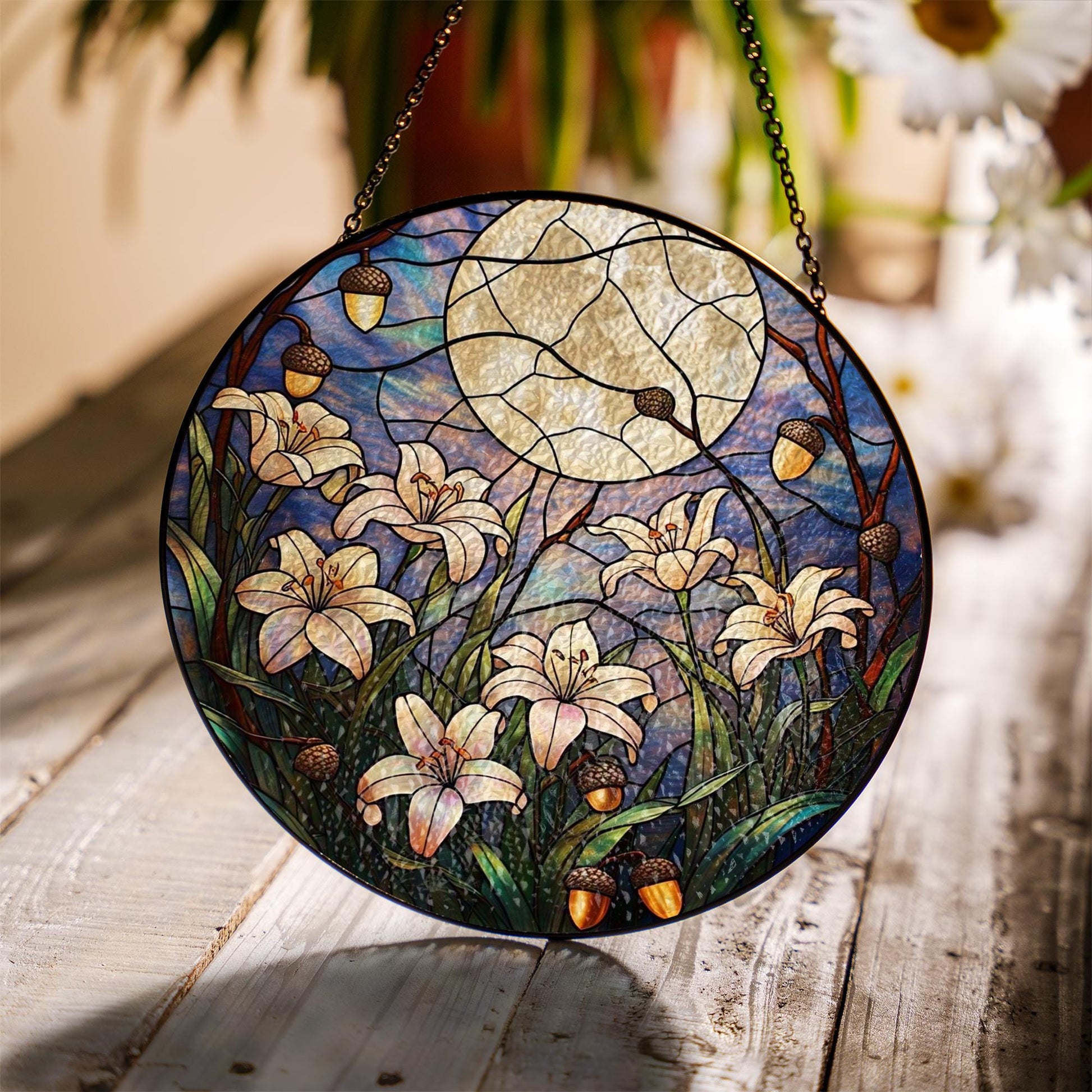 Moonlit Lily Garden Glass Suncatcher – Night Sky Floral Window Art with Acorns, Nature Lover Gift