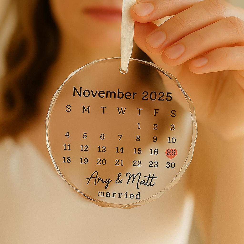 Custom Wedding Date Calendar Ornament, Personalized Acrylic Keepsake with Names & Heart, Married Gift, Engagement or Anniversary Decor