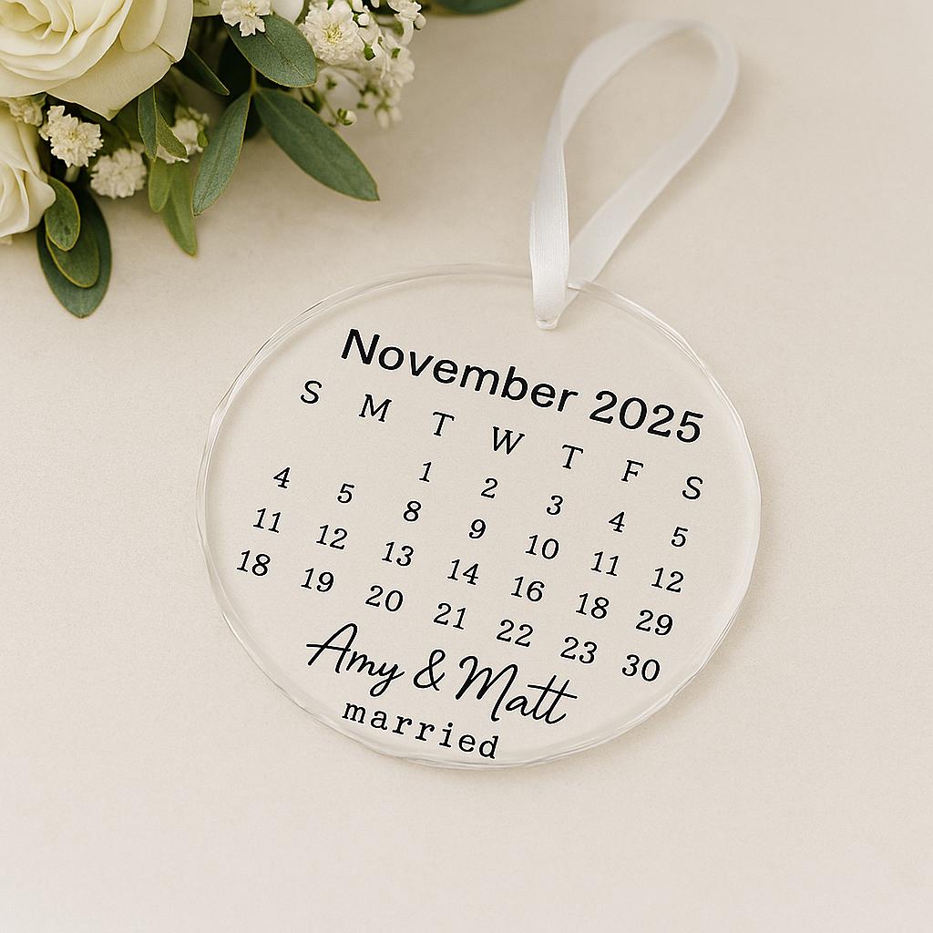 Custom Wedding Date Calendar Ornament, Personalized Acrylic Keepsake with Names & Heart, Married Gift, Engagement or Anniversary Decor