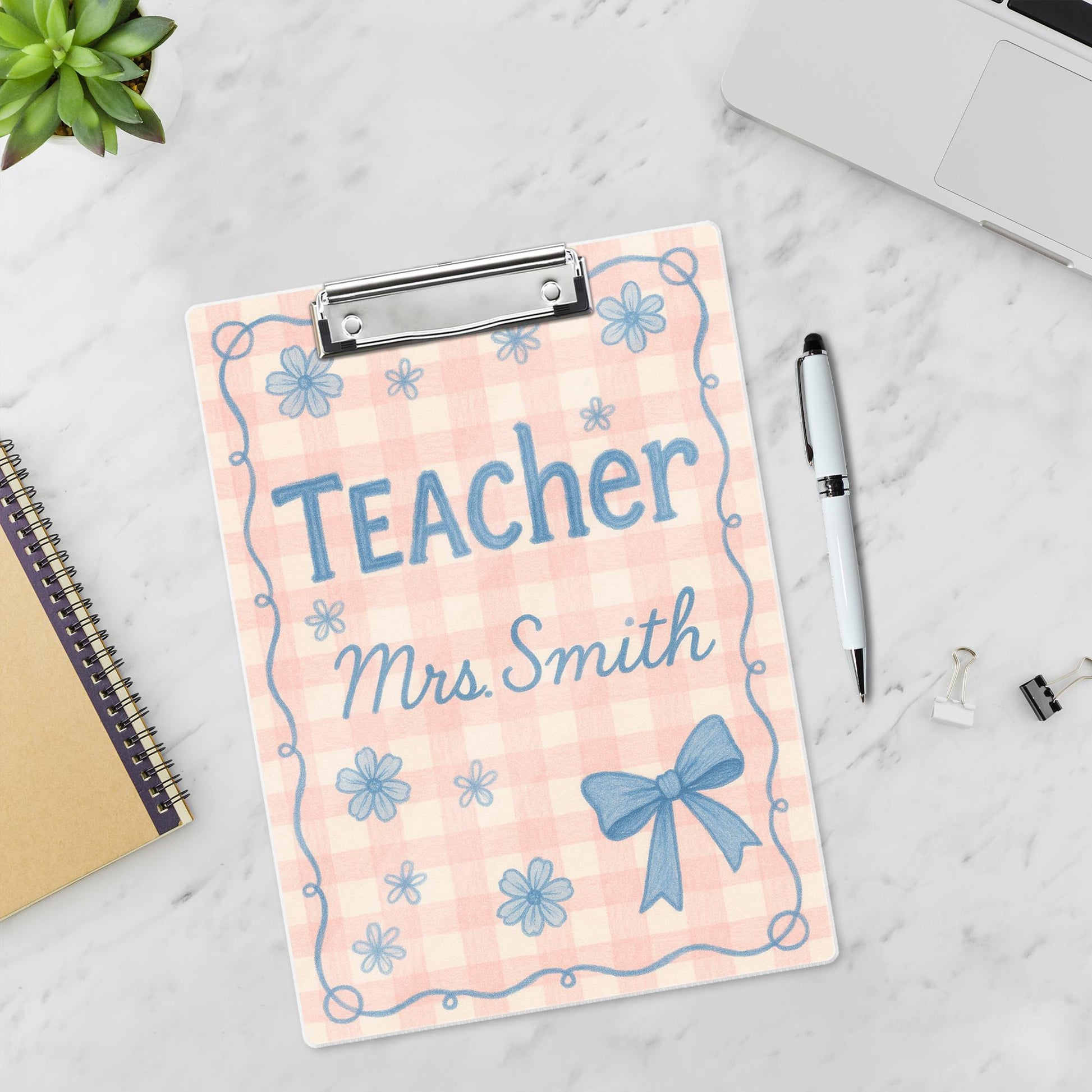 Custom Teacher Clipboard, Personalized Gingham Floral Clipboard, Cute Bow Design, Back to School Gift for Classroom Organization