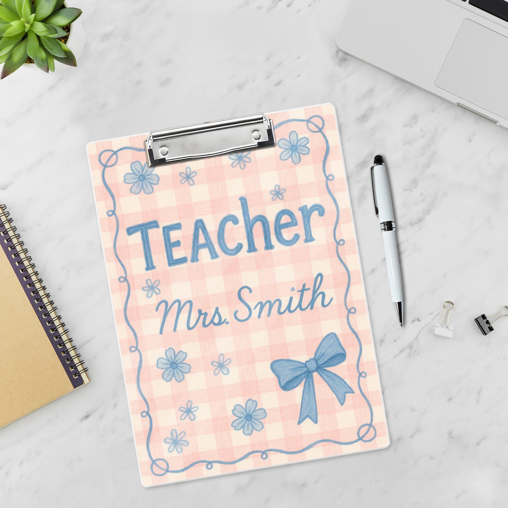 Custom Teacher Clipboard, Personalized Gingham Floral Clipboard, Cute Bow Design, Back to School Gift for Classroom Organization