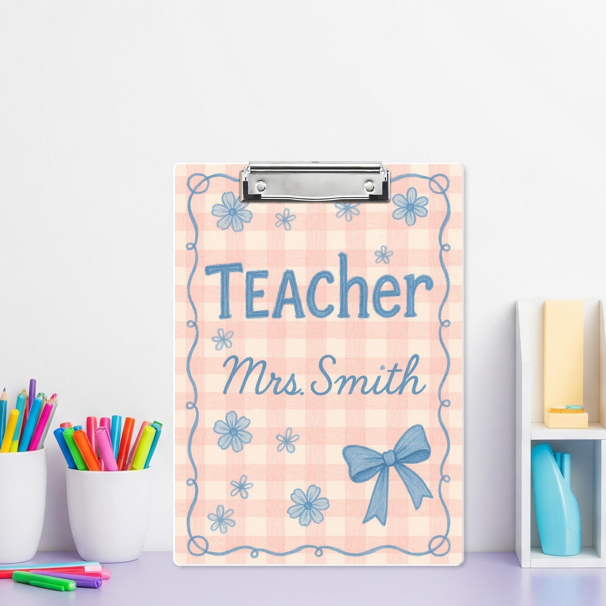 Custom Teacher Clipboard, Personalized Gingham Floral Clipboard, Cute Bow Design, Back to School Gift for Classroom Organization