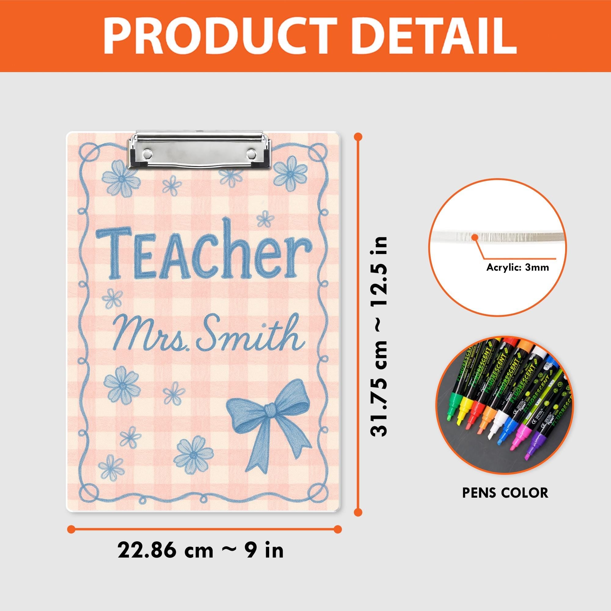 Custom Teacher Clipboard, Personalized Gingham Floral Clipboard, Cute Bow Design, Back to School Gift for Classroom Organization