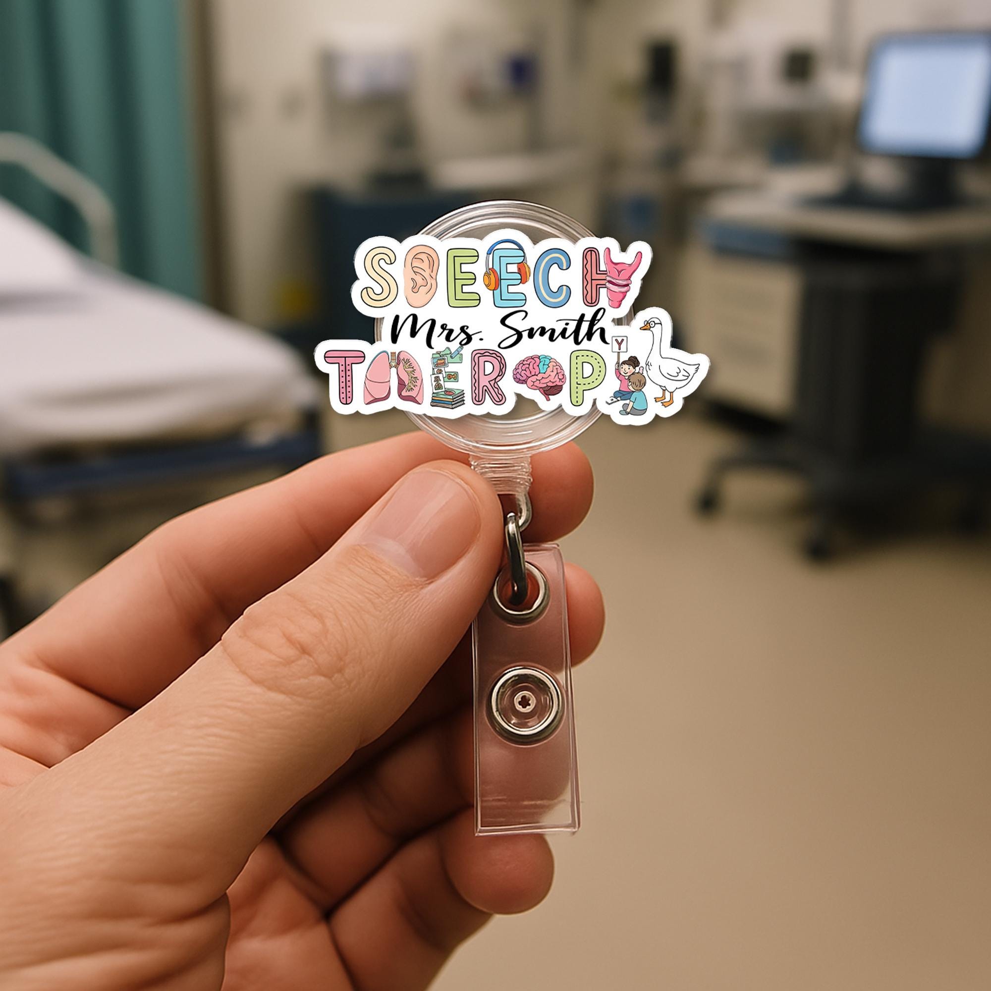 Custom Speech Therapy Badge Reel – SLP Name Tag Holder, Funny Goose Clip, Personalized Gift for Speech Language Pathologist