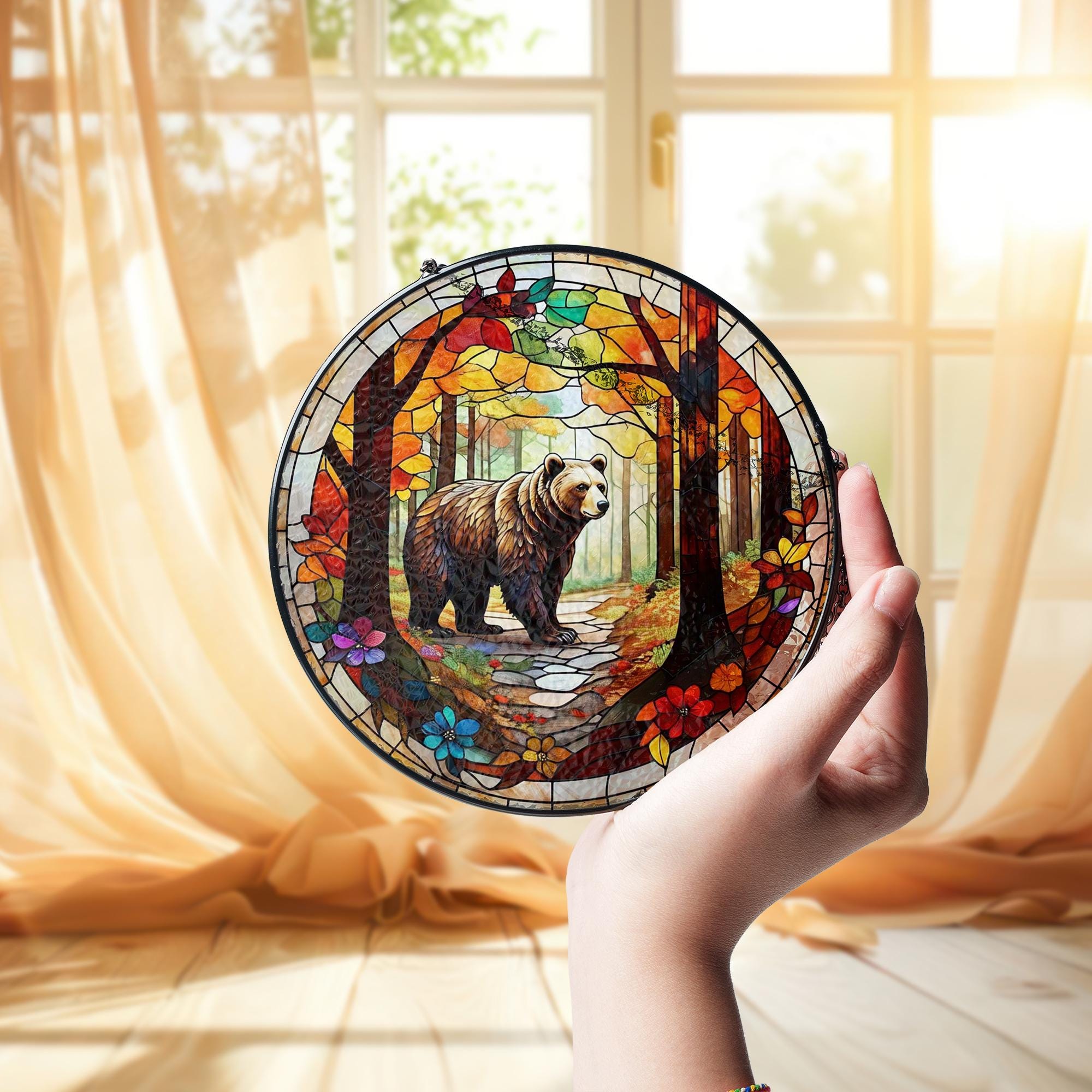Bear in Autumn Forest Glass Suncatcher – Rustic Cabin Window Art, Wildlife Nature Decor Gift