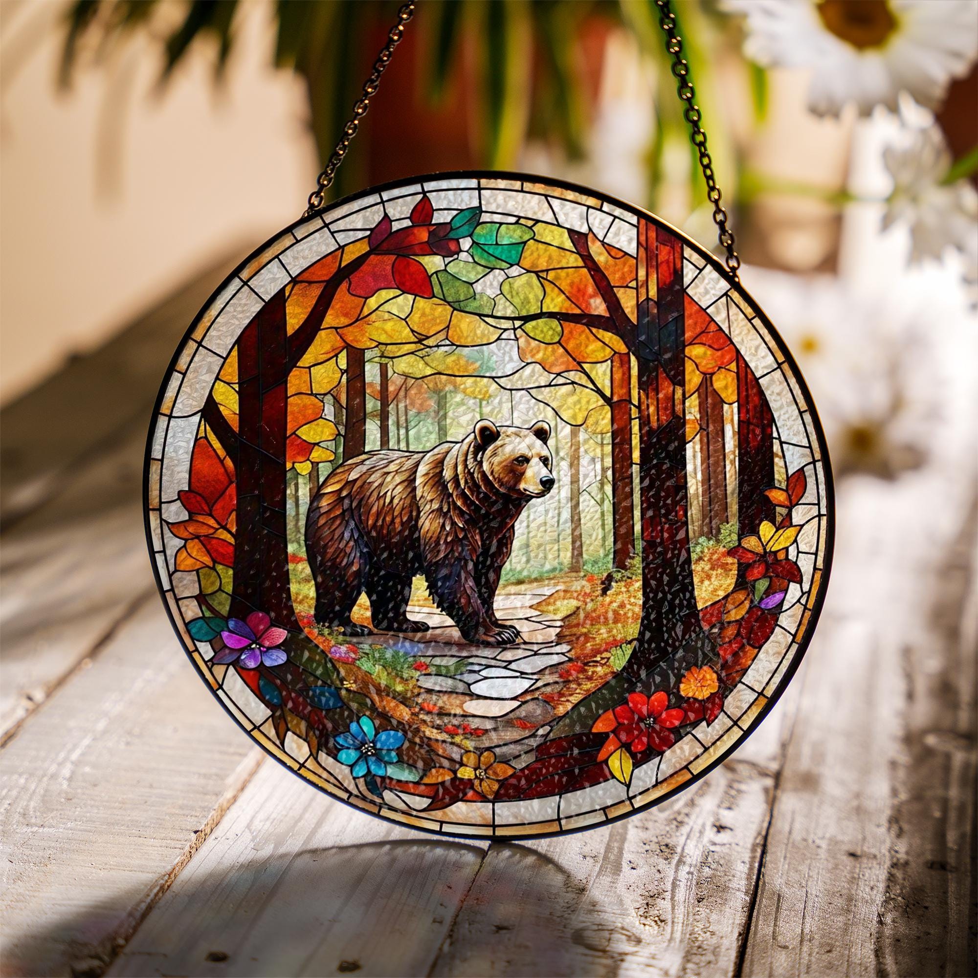 Bear in Autumn Forest Glass Suncatcher – Rustic Cabin Window Art, Wildlife Nature Decor Gift