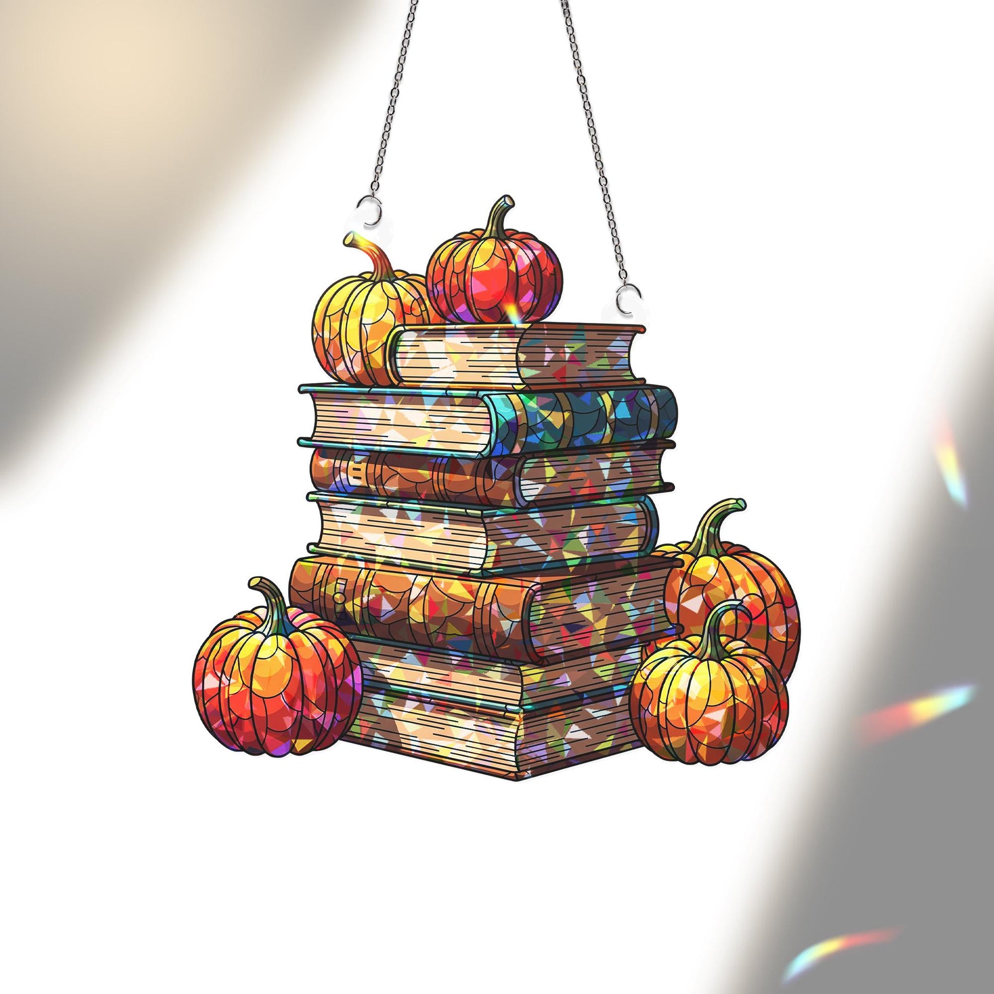 Pumpkin Books Window Hanging – Holographic Autumn Suncatcher, Fall Book Lover Decor, Pumpkin Stack Faux Glass Window Art Gift